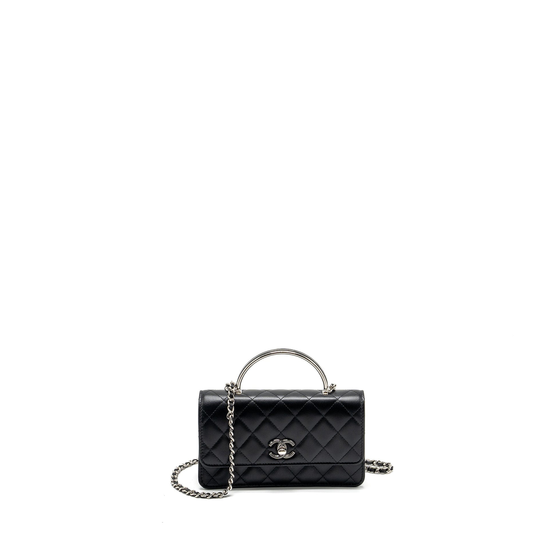 Chanel Top Handle On Flap Lambskin SHW Black Wallet Case