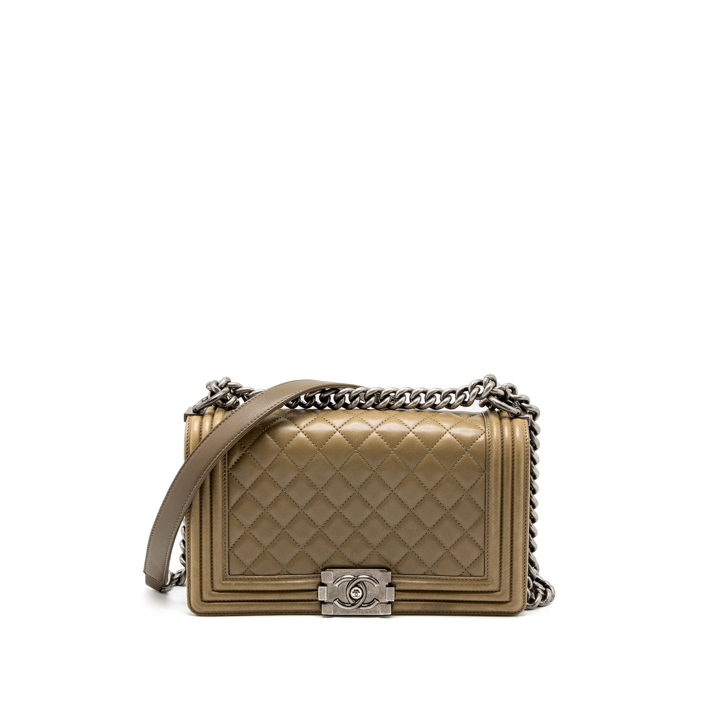 Chanel Boy Lambskin Khaki Ruthenium Hardware Green Handbag