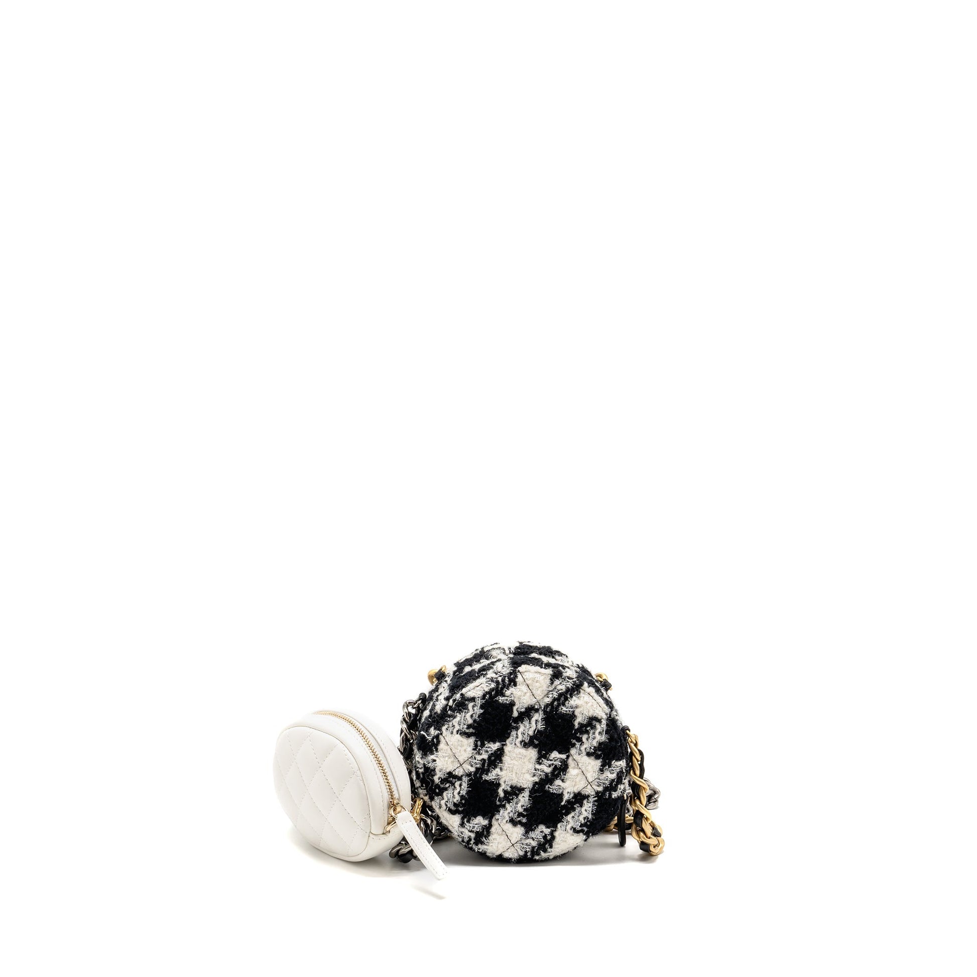 Chanel 19 round coin purse tweed lambskin Black White Wallet Case