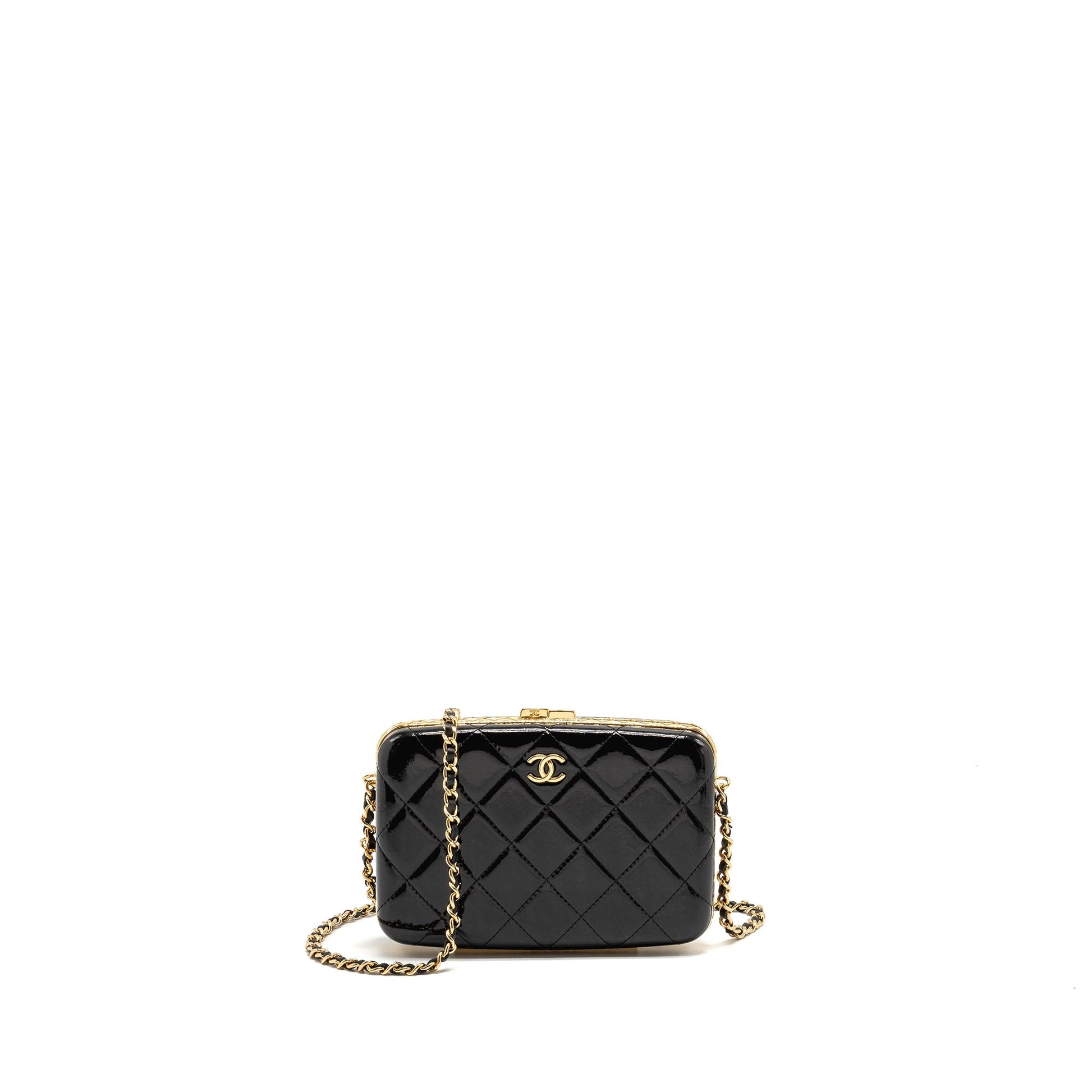 Chanel 21A CC Box Patent GHW Black Handbag