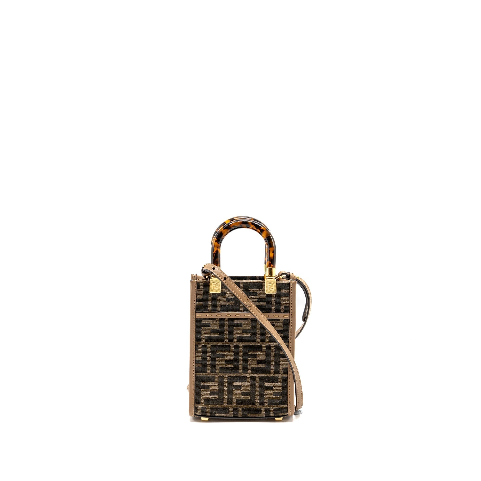 Fendi Sunshine Shopper Purse Calfskin Canvas Brown Mini Travel Bag
