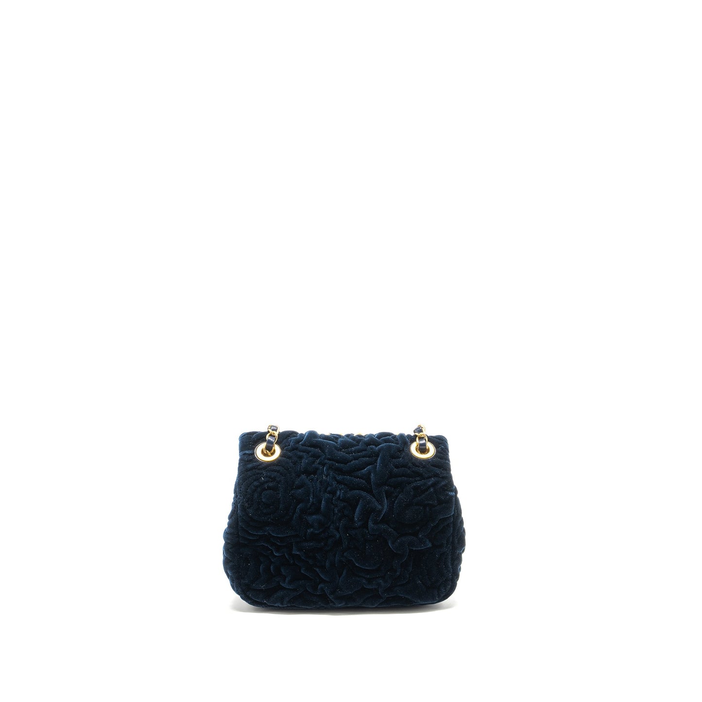 Chanel Camellia Embossed Square Flap Velvet Navy Shoulder Bag