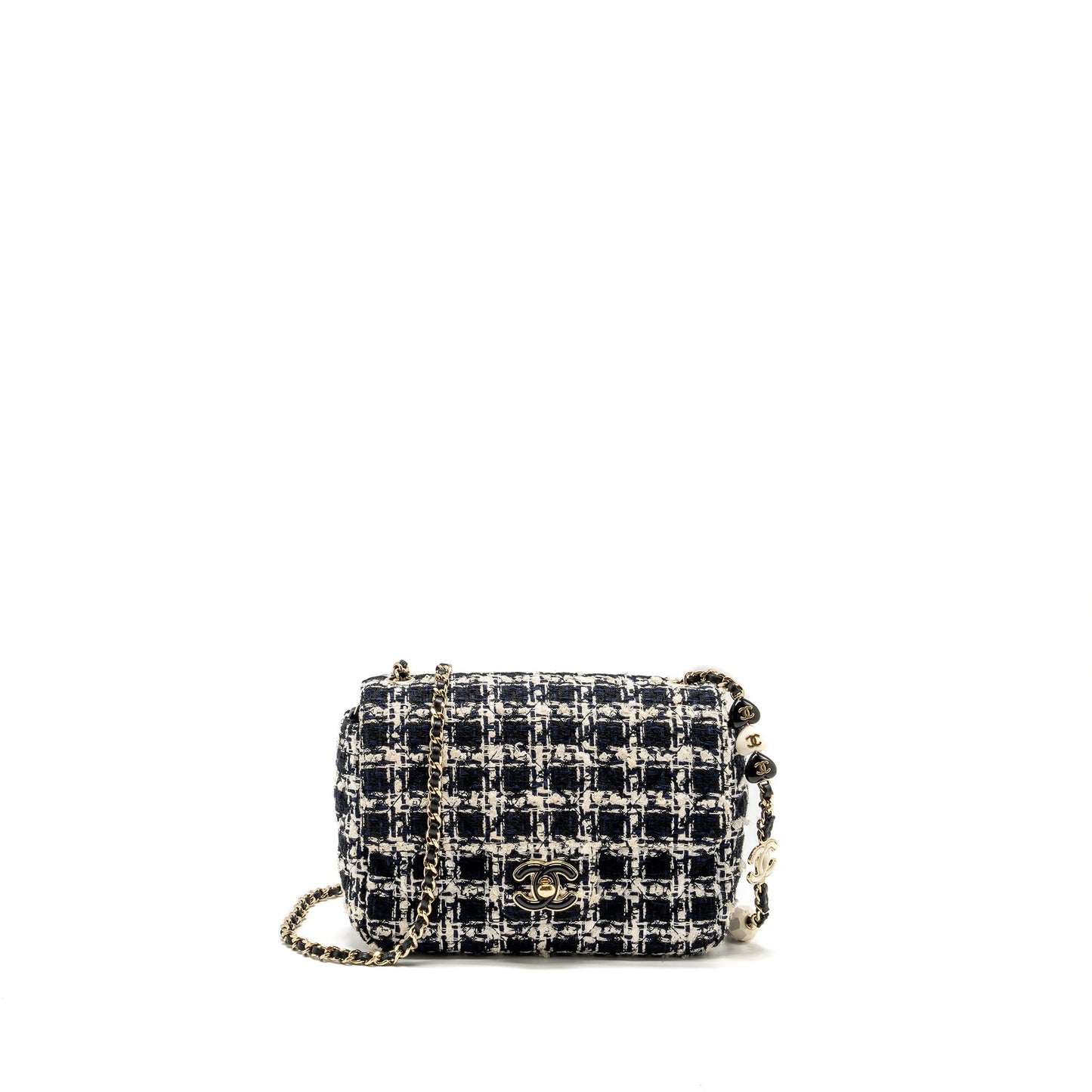 Chanel Flap Detailed Tweed LGHW Microchip Black White Shoulder Bag