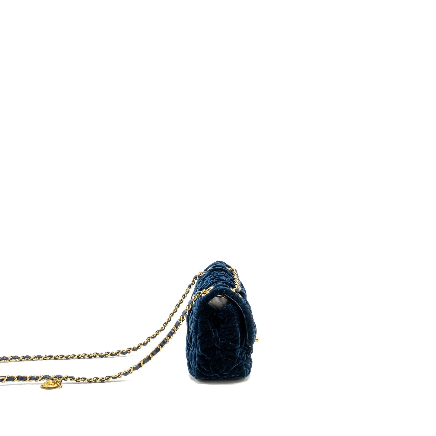Chanel Camellia Embossed Square Flap Velvet Navy Shoulder Bag