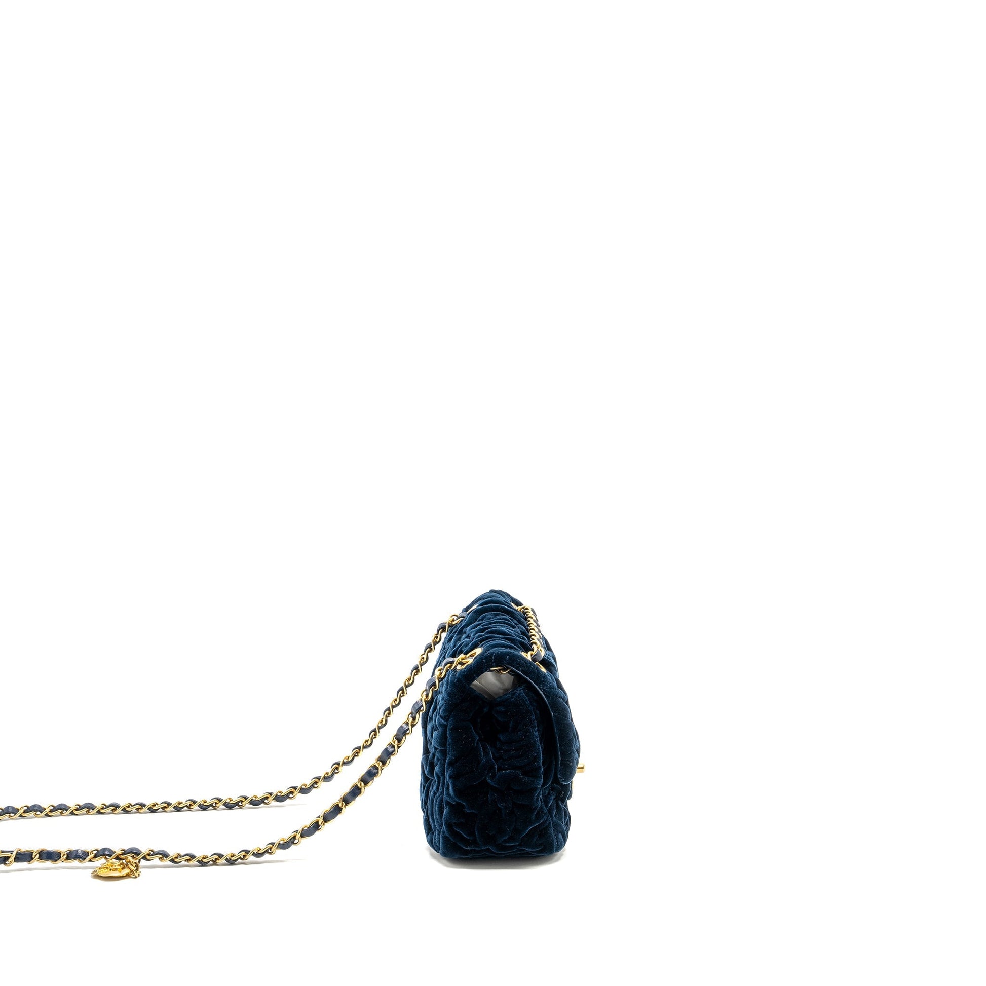 Chanel Camellia Embossed Square Flap Velvet Navy Shoulder Bag
