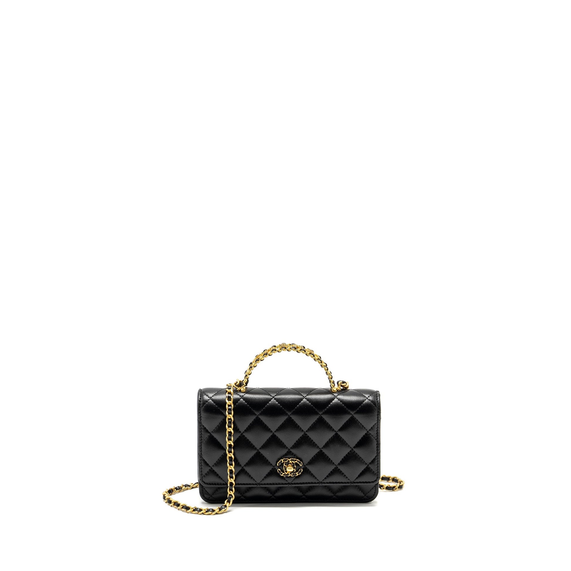Chanel Letter Logo Top Handle On Lambskin Black Wallet Case