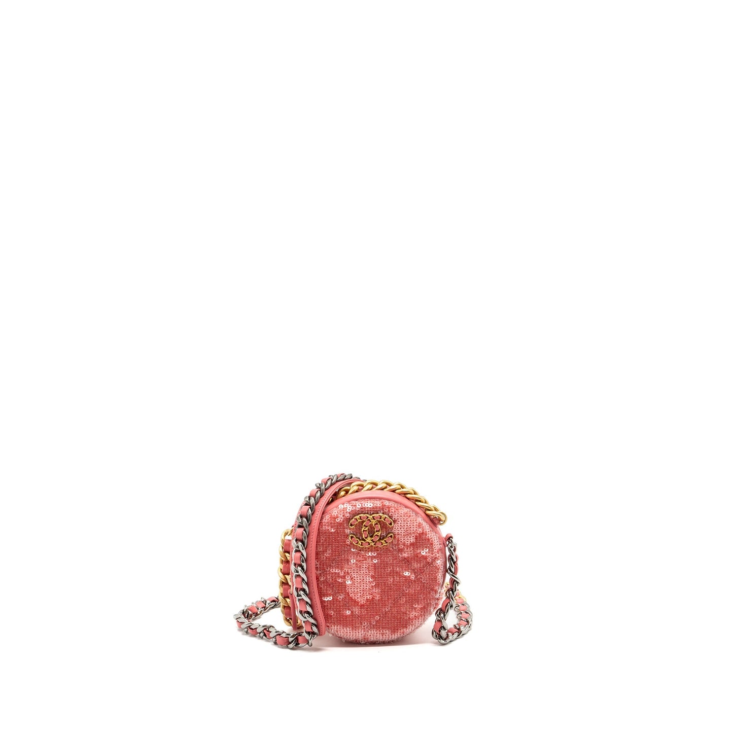 Chanel 19 Round Purse Sequins Hardware Multicolour Pink Handbag