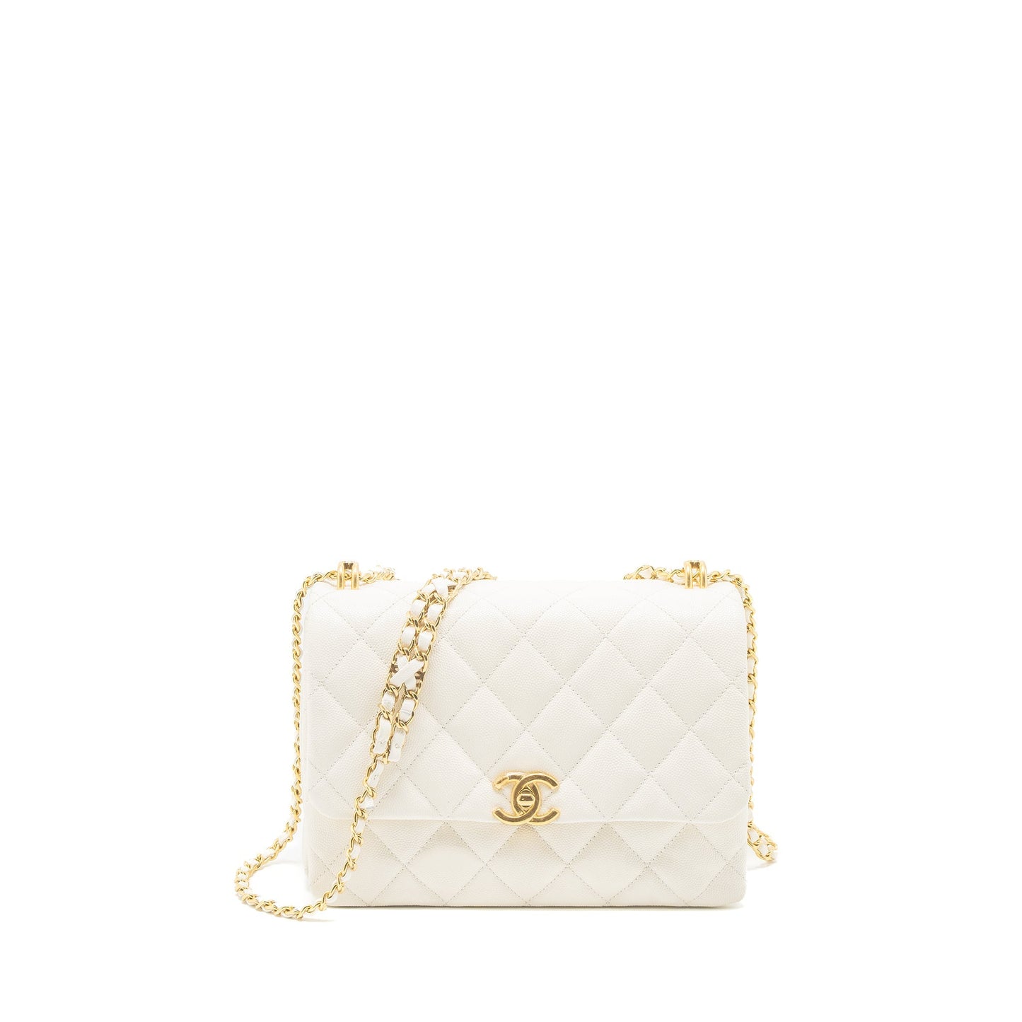 Chanel 21K Coco Caviar Brushed GHW Microchip White Handbag