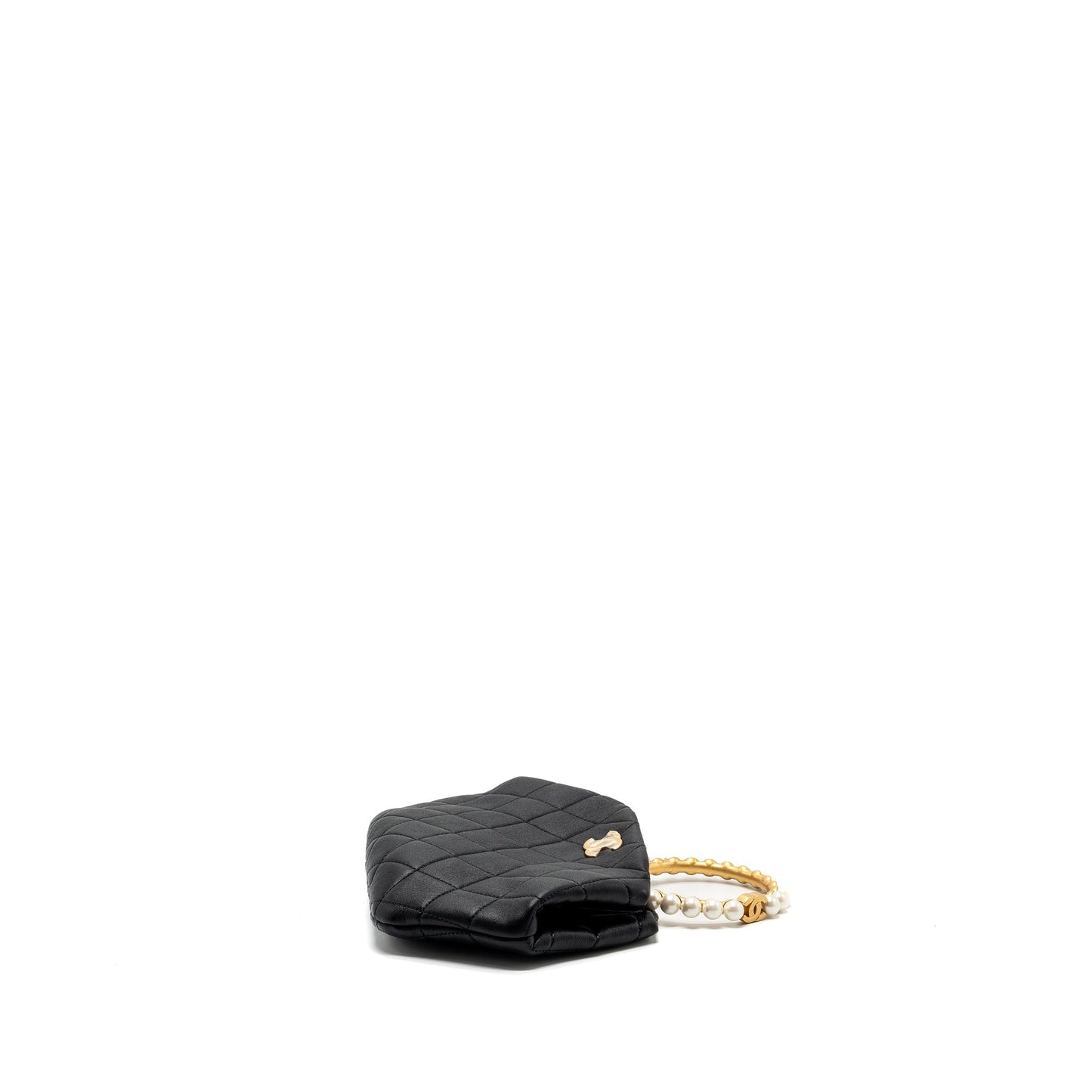 Chanel pearl round handle evening lambskin GHW Black Clutch Bag