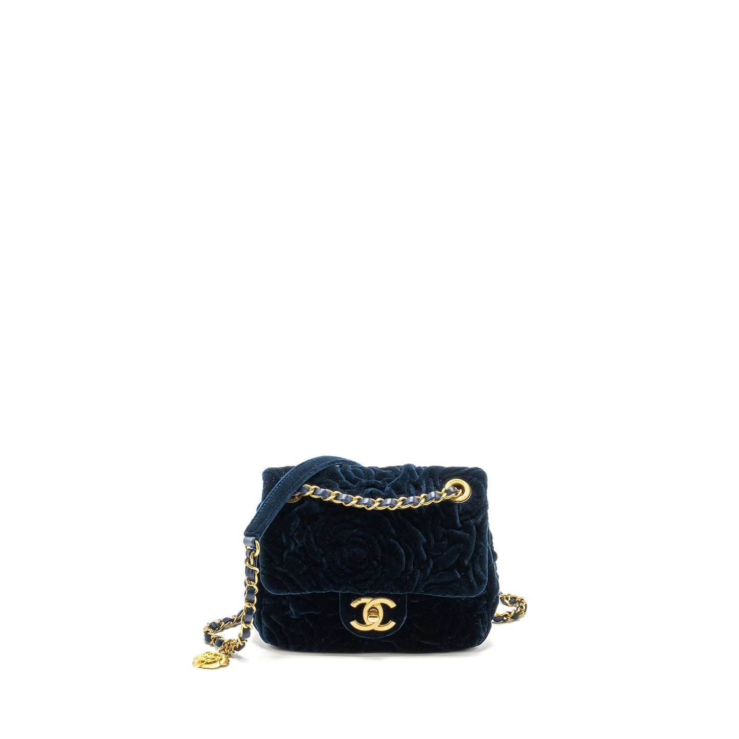 Chanel Camellia Embossed Square Flap Velvet Navy Shoulder Bag