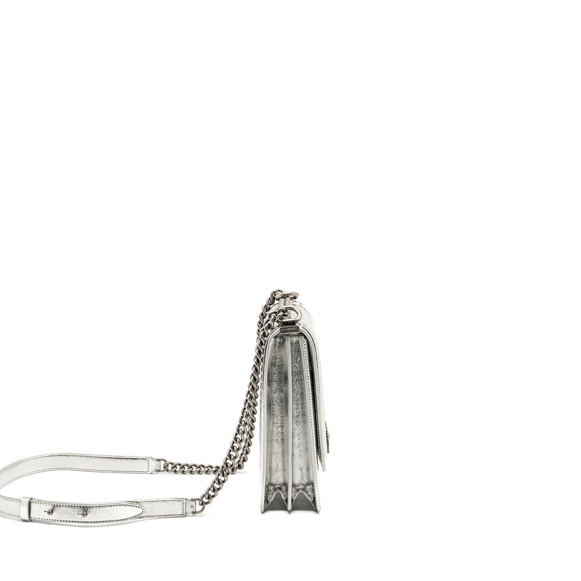 Chanel Boy North South Flap Patent goatskin Silver Shoulder Bag