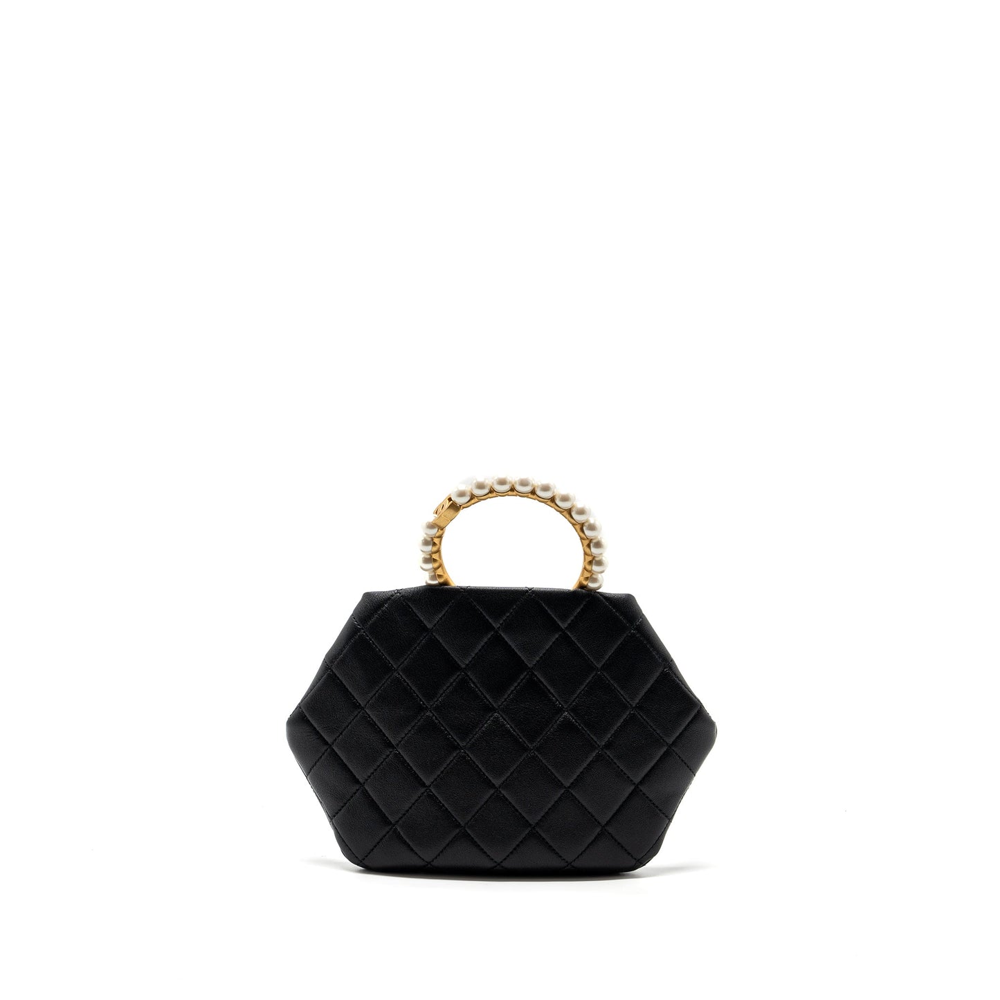Chanel pearl round handle evening lambskin GHW Black Clutch Bag