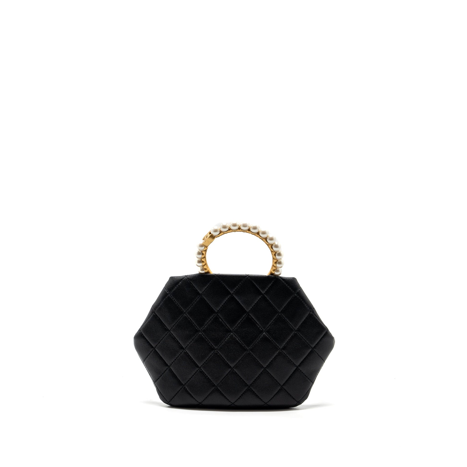 Chanel pearl round handle evening lambskin GHW Black Clutch Bag