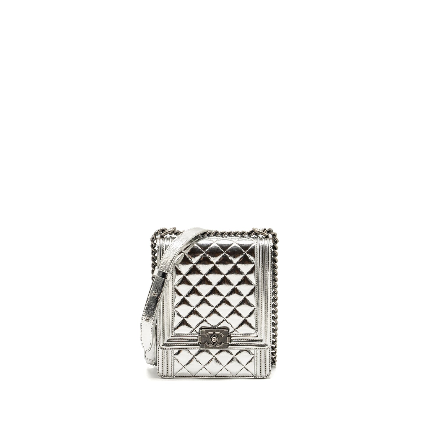 Chanel Boy North South Flap Patent goatskin Silver Shoulder Bag