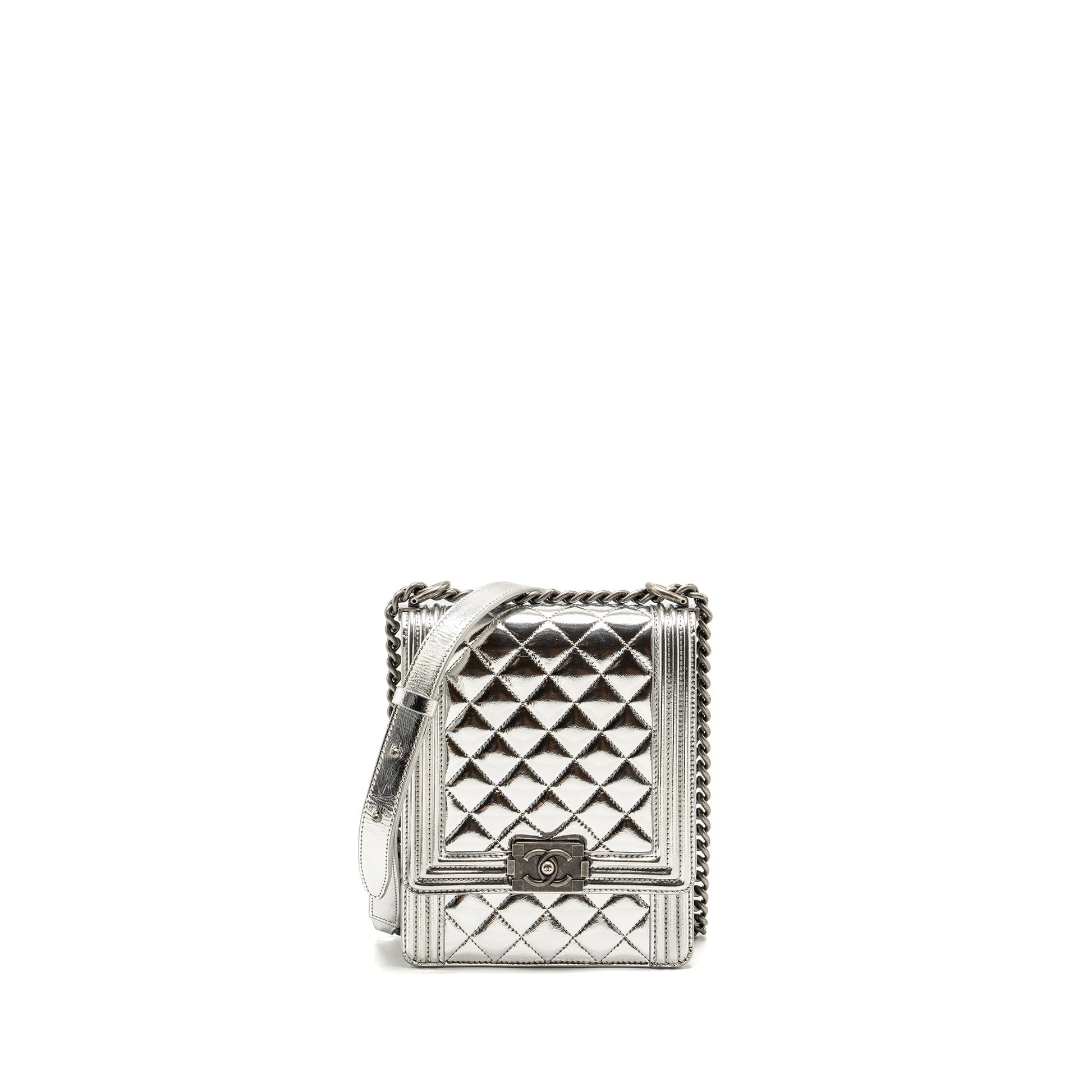 Chanel Boy North South Flap Patent goatskin Silver Shoulder Bag