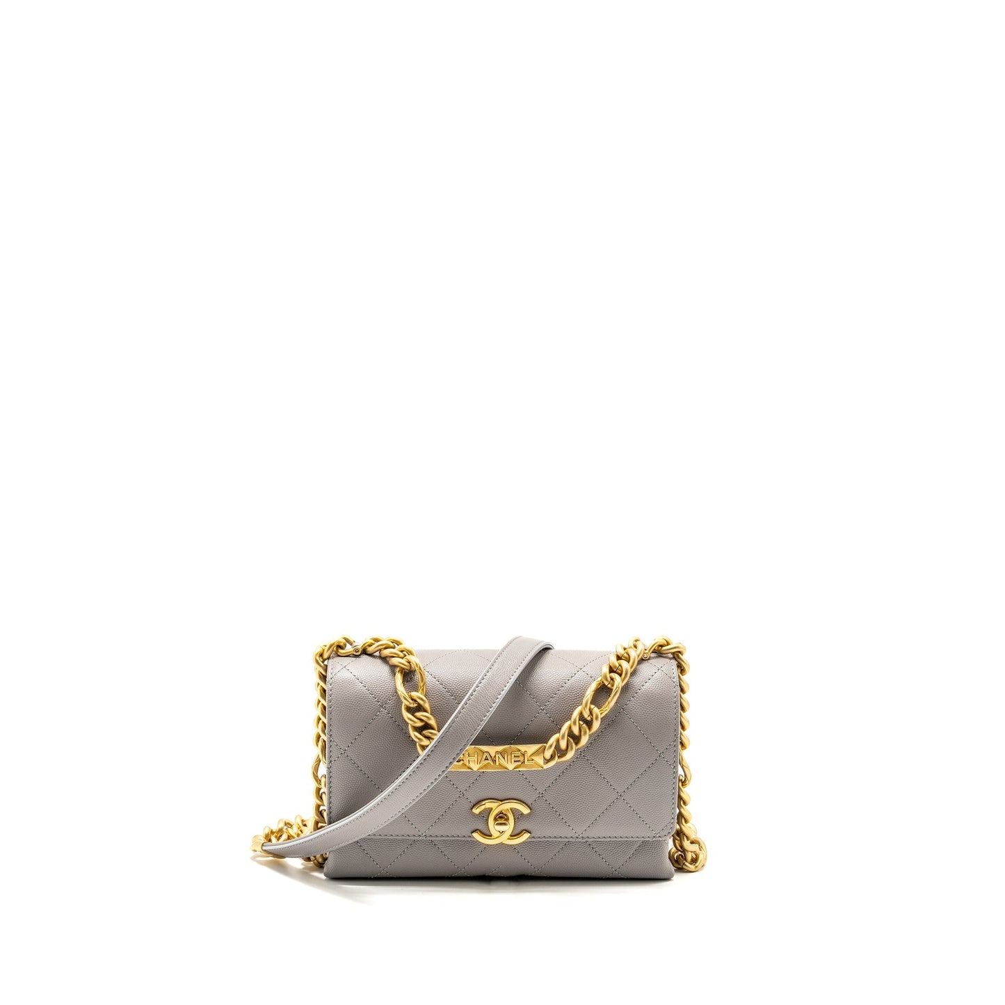 Chanel Quilted Flap Handle Caviar GHW microchip Grey Shoulder Bag