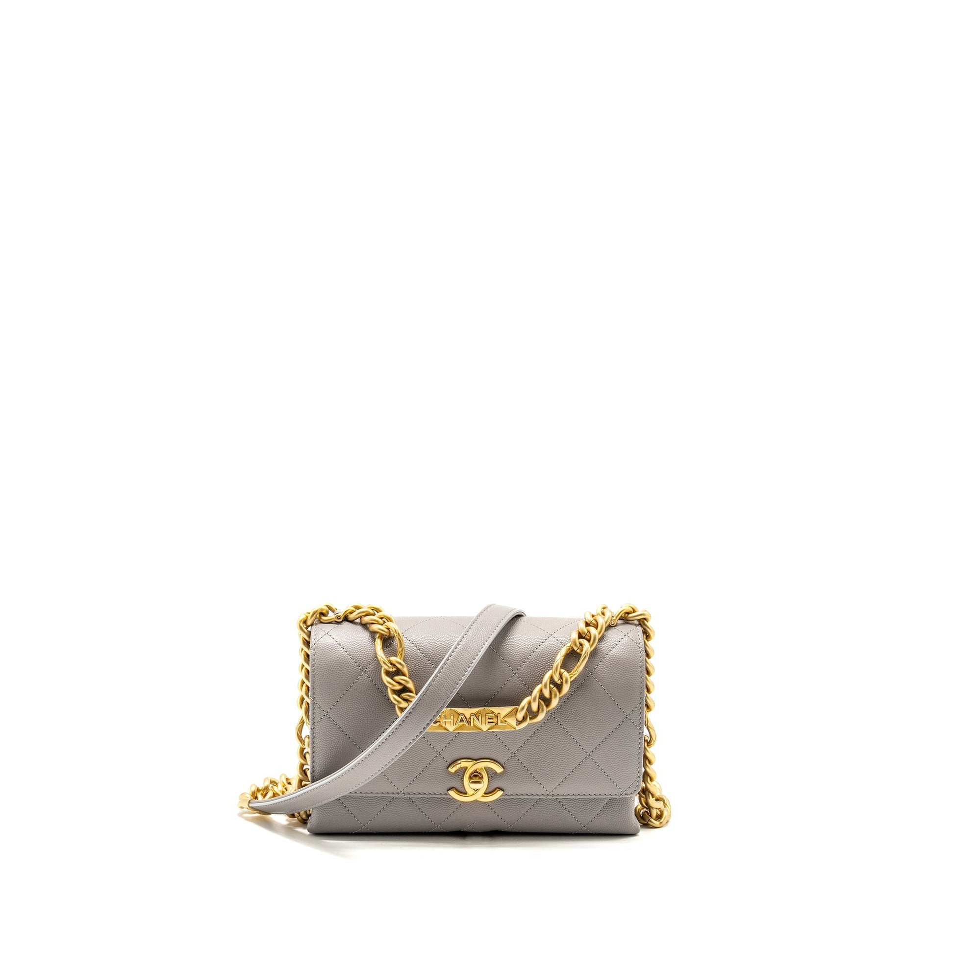 Chanel Quilted Flap Handle Caviar GHW microchip Grey Shoulder Bag