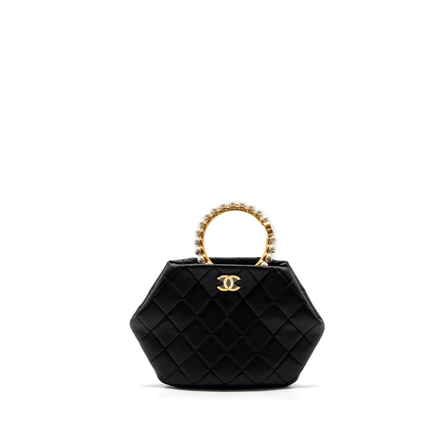 Chanel pearl round handle evening lambskin GHW Black Clutch Bag