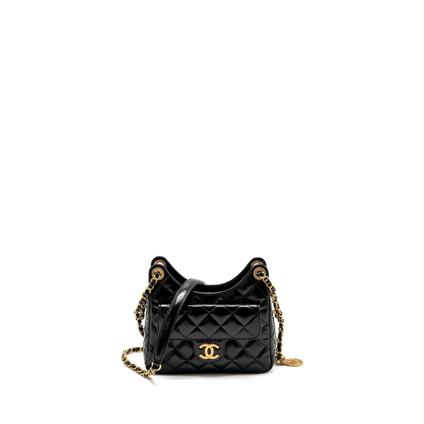 Chanel 23C Hobo Shiny Calfskin Brushed GHW Black Small Shoulder Bag Brushed Ghwmicrochip