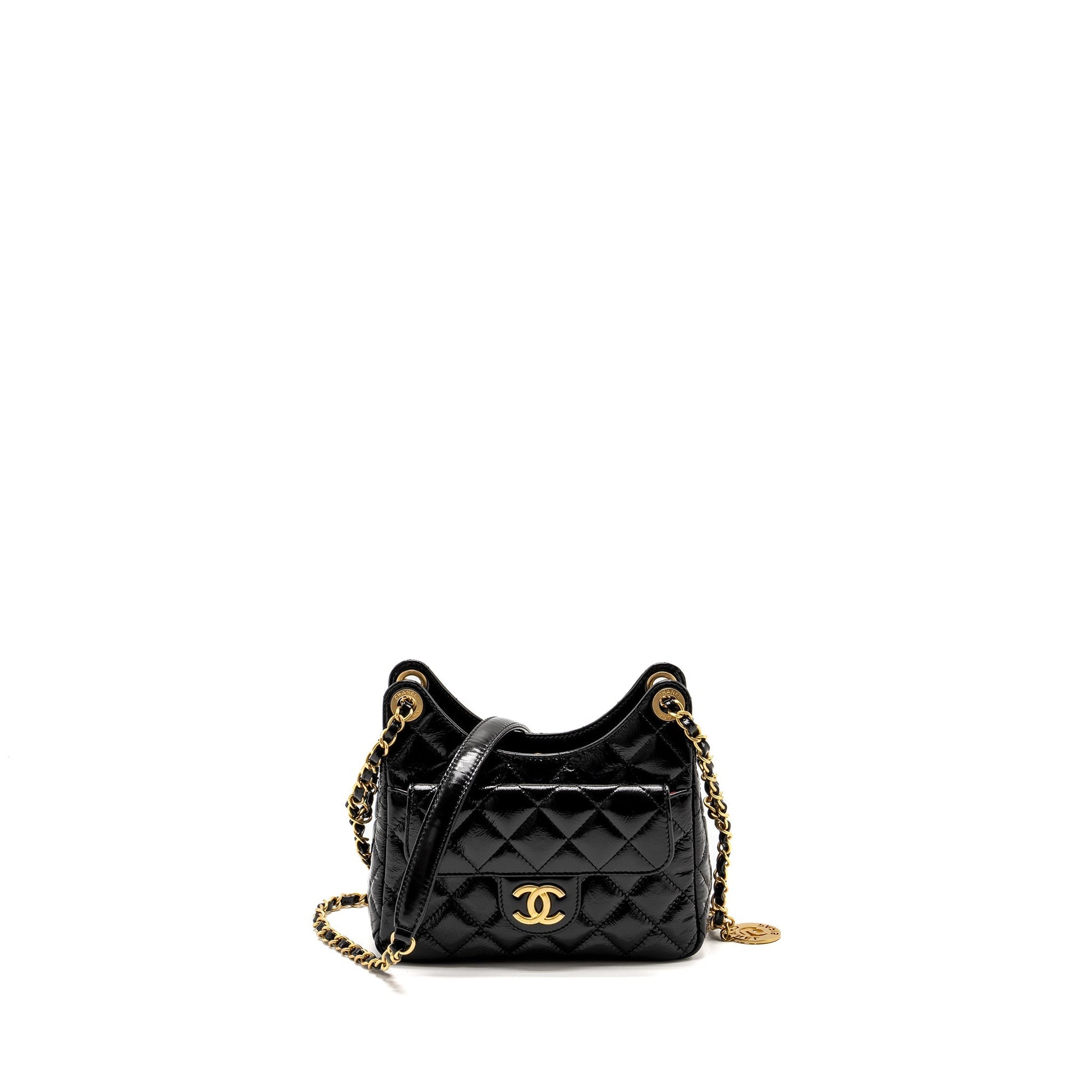 Chanel 23C Hobo Shiny Calfskin Brushed GHW Black Small Shoulder Bag Brushed Ghwmicrochip