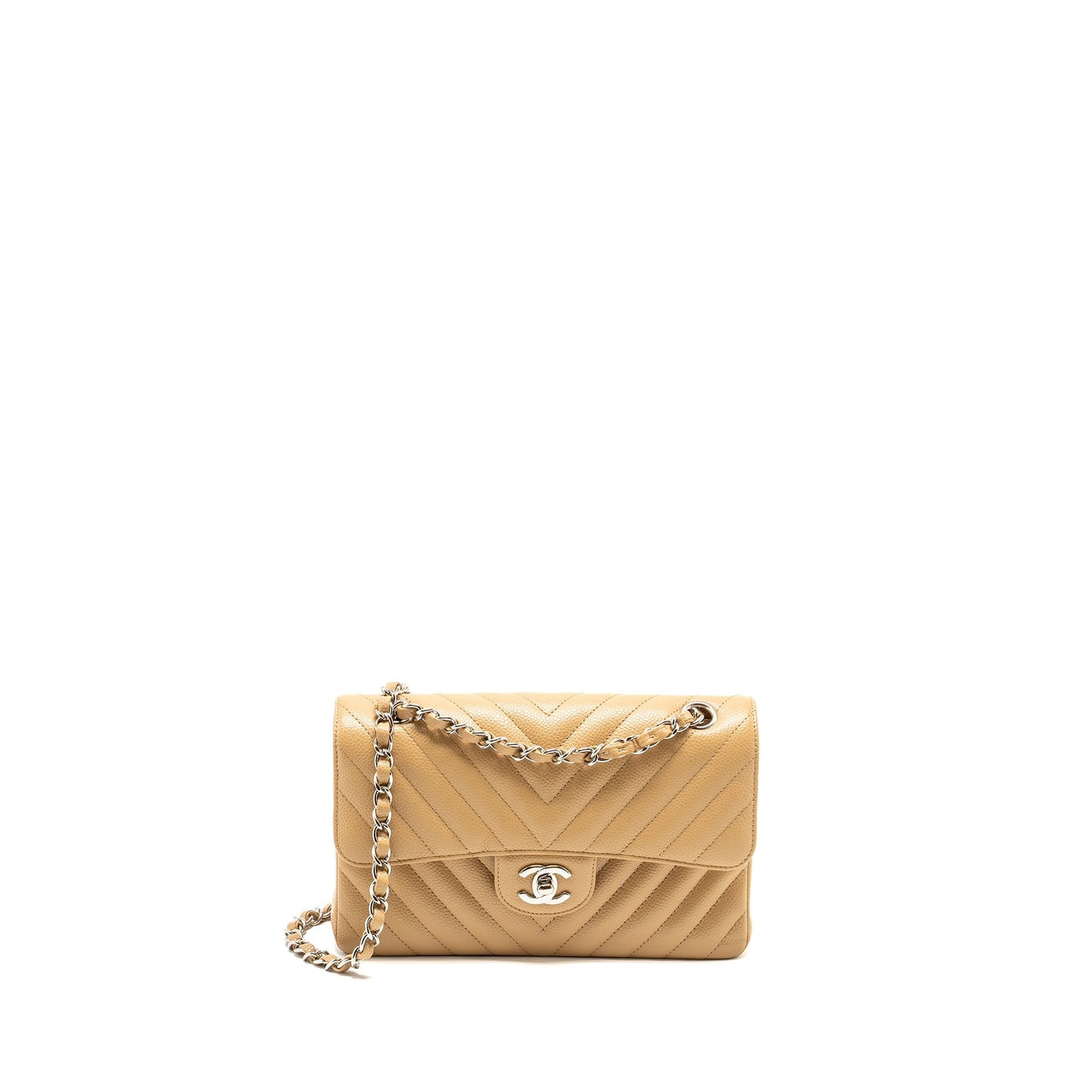 Chanel Classic Double Flap Chevron Caviar SHW Beige Small Shoulder Bag