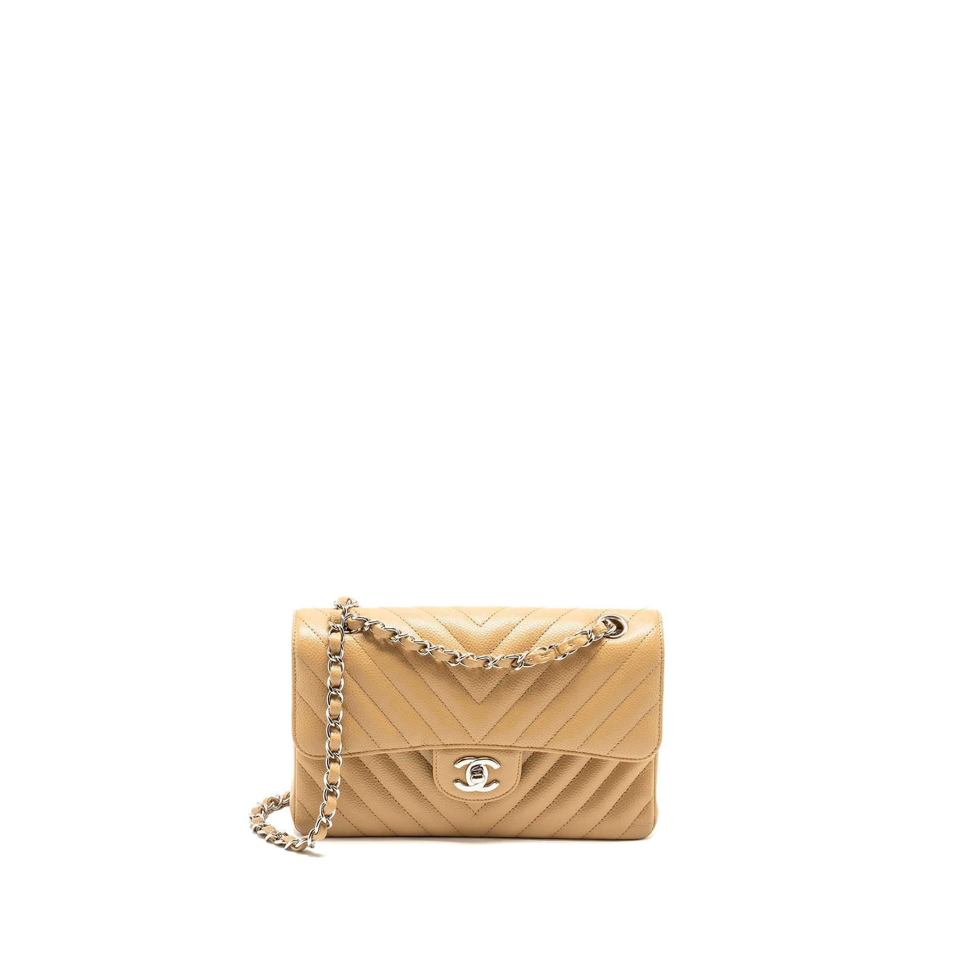 Chanel Classic Double Flap Chevron Caviar SHW Beige Small Shoulder Bag