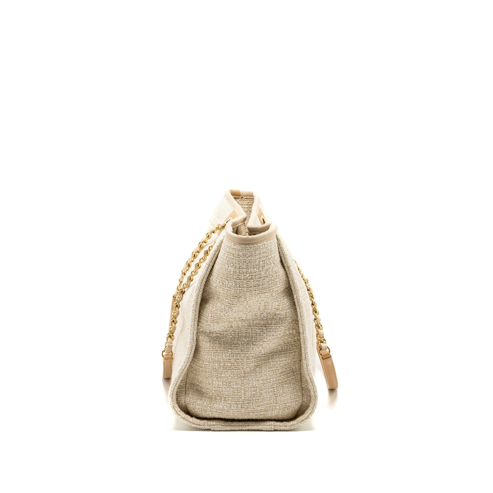 Chanel Deauville Light GHW Gold Beige Canvas Leather Handbag