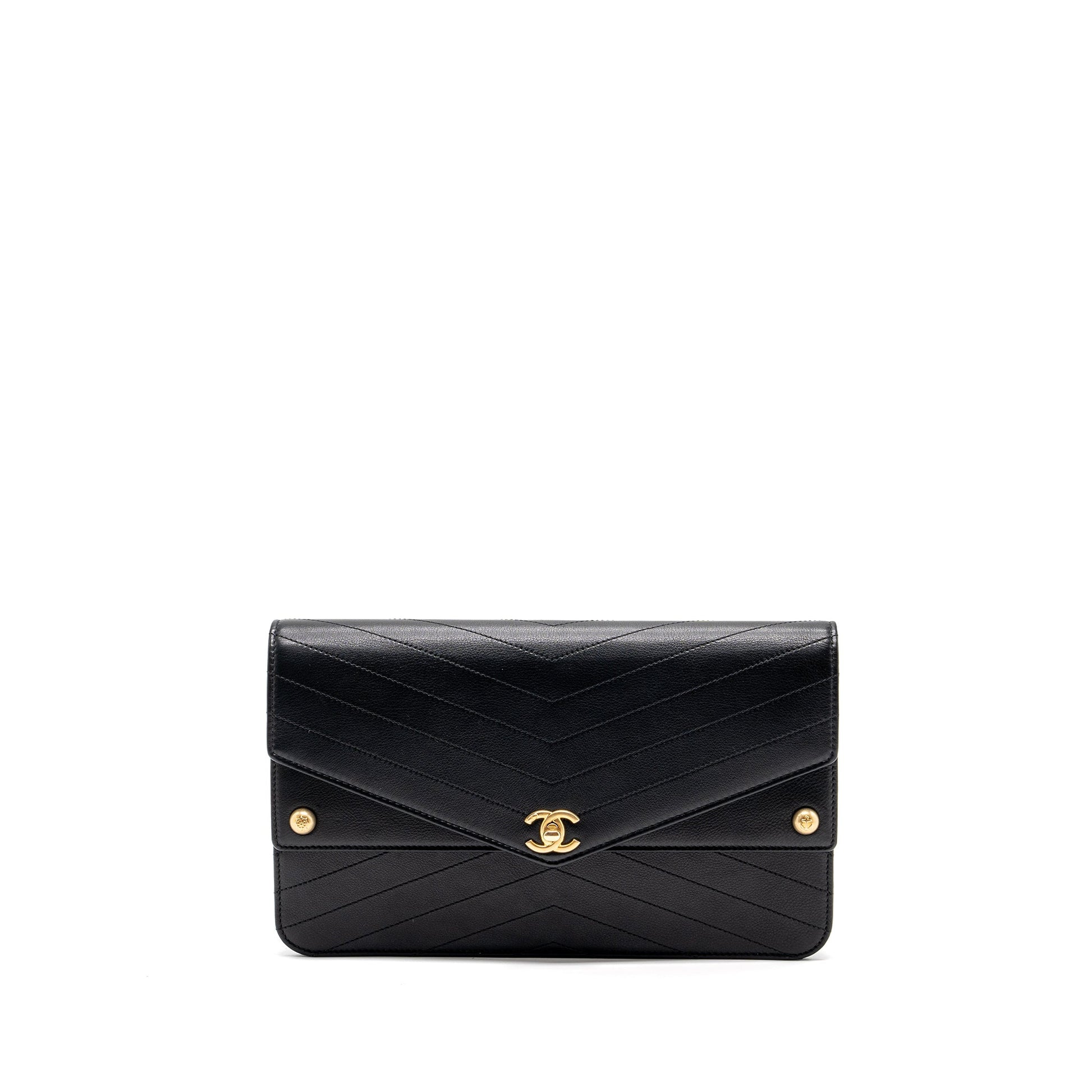 Chanel Voyage Chevron Calfskin GHW Black Clutch Bag