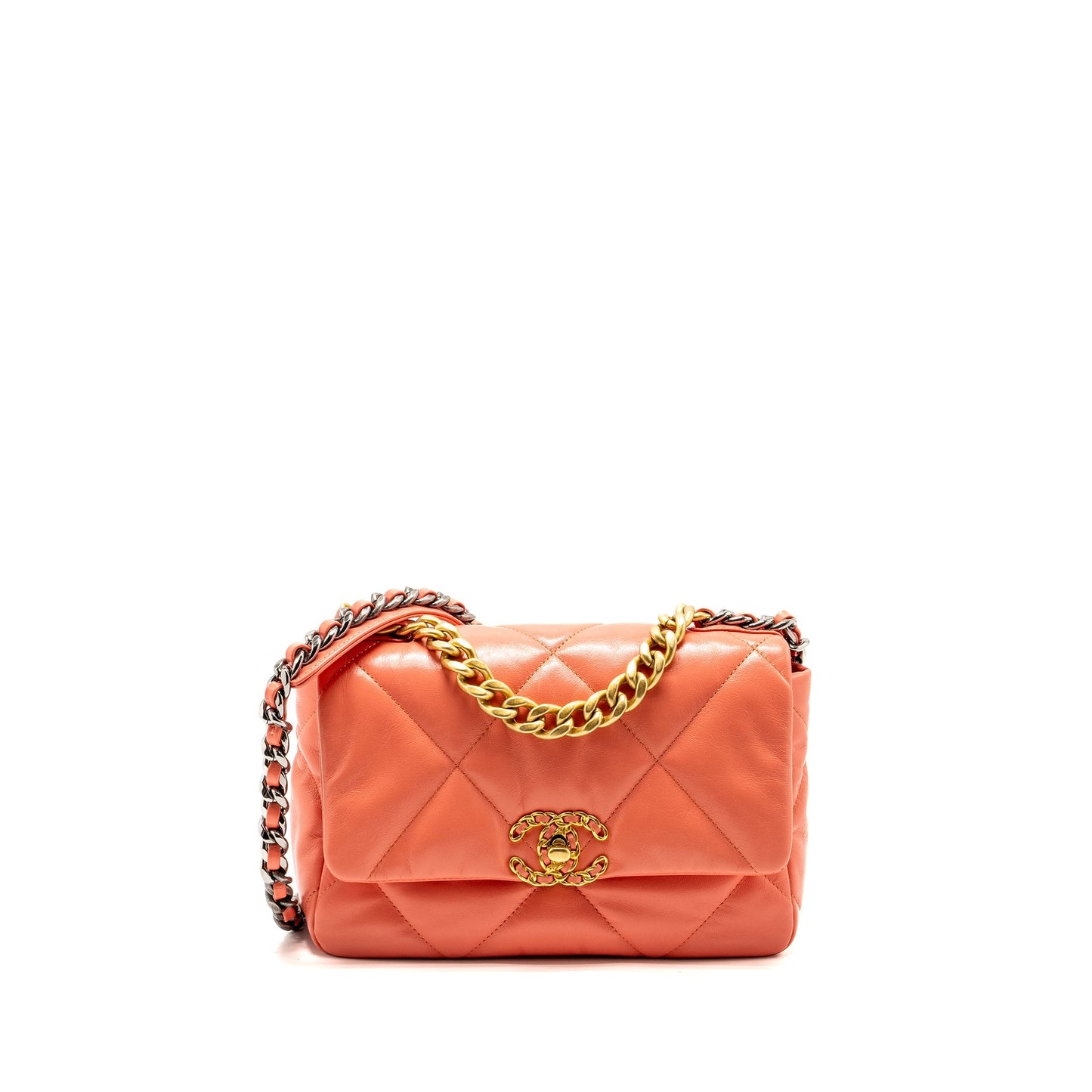 Chanel 19 Shiny Goatskin Coral Hardware Multicolour Pink Small Handbag