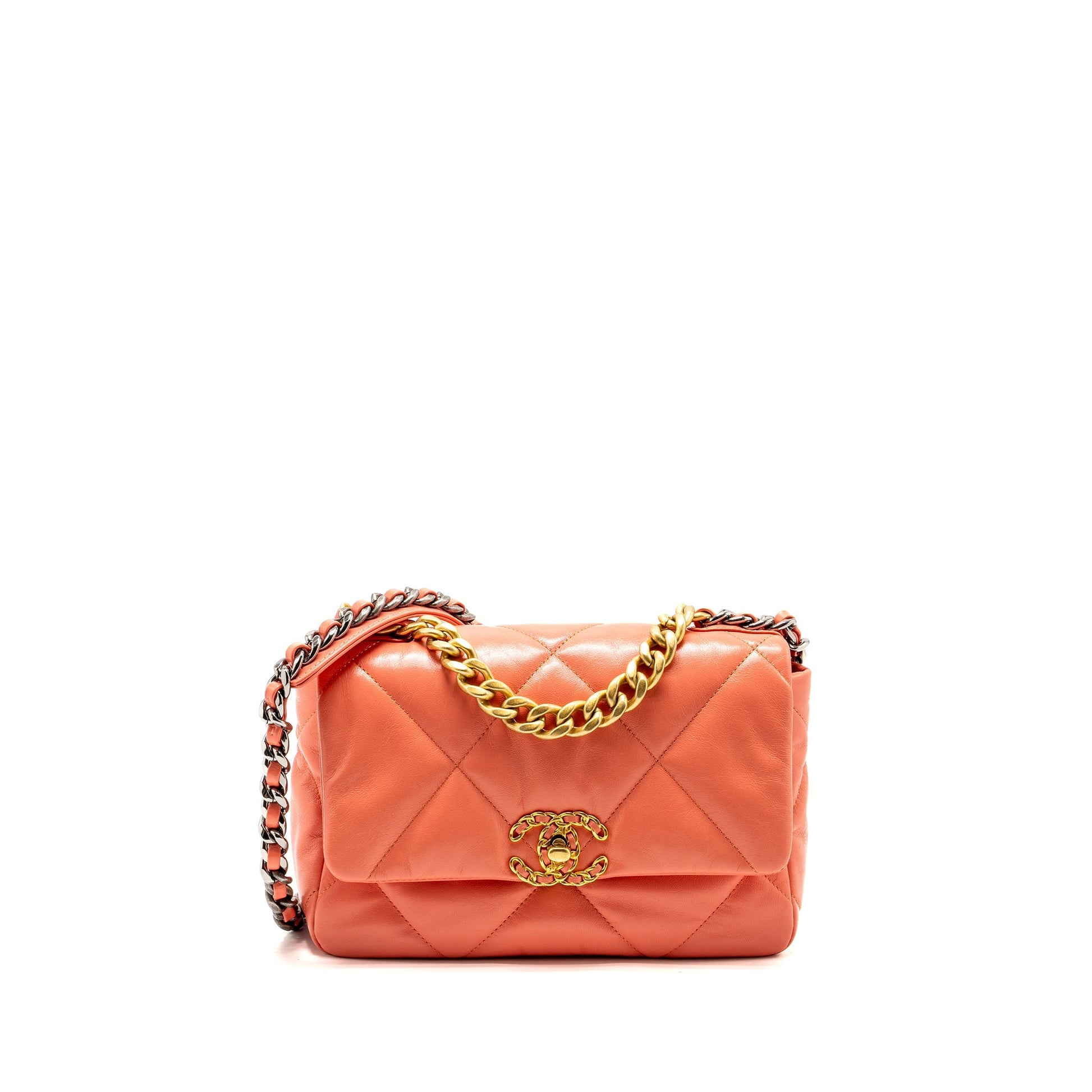 Chanel 19 Shiny Goatskin Coral Hardware Multicolour Pink Small Handbag