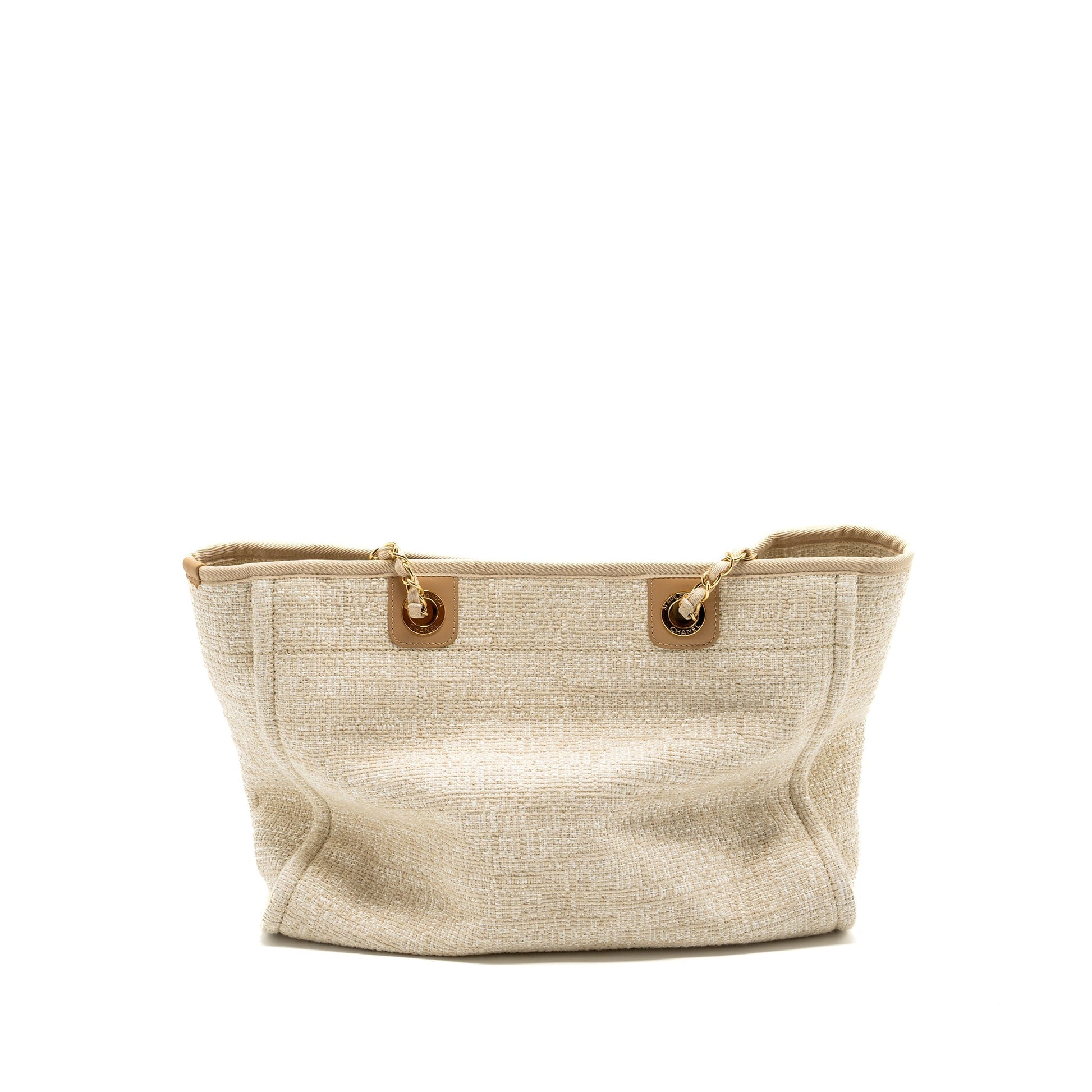Chanel Deauville Light GHW Gold Beige Canvas Leather Handbag