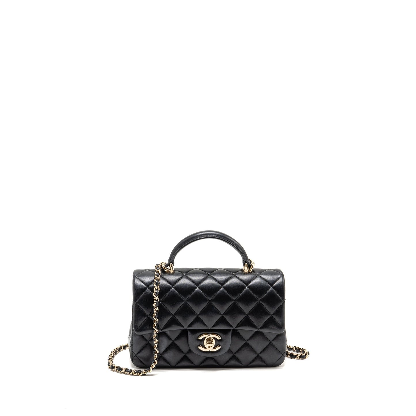 Chanel Top Handle Rectangular Flap Lambskin LGHW Black Shoulder Bag Microchip 9
