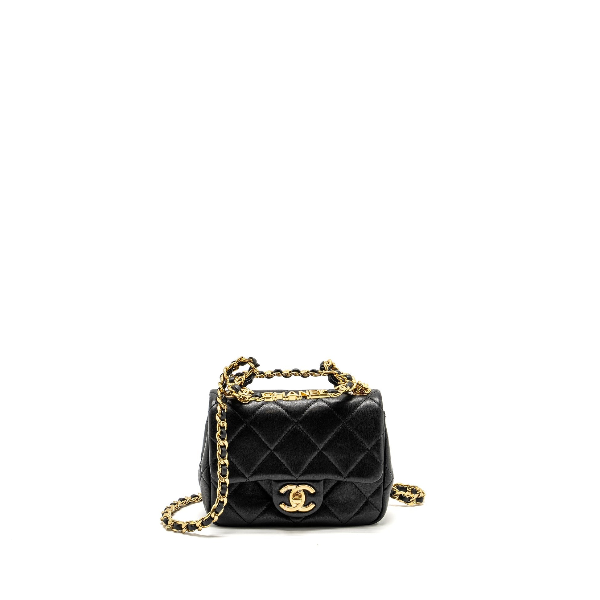 Chanel 23c Round Handle Square Flap Lambskin Black Shoulder Bag