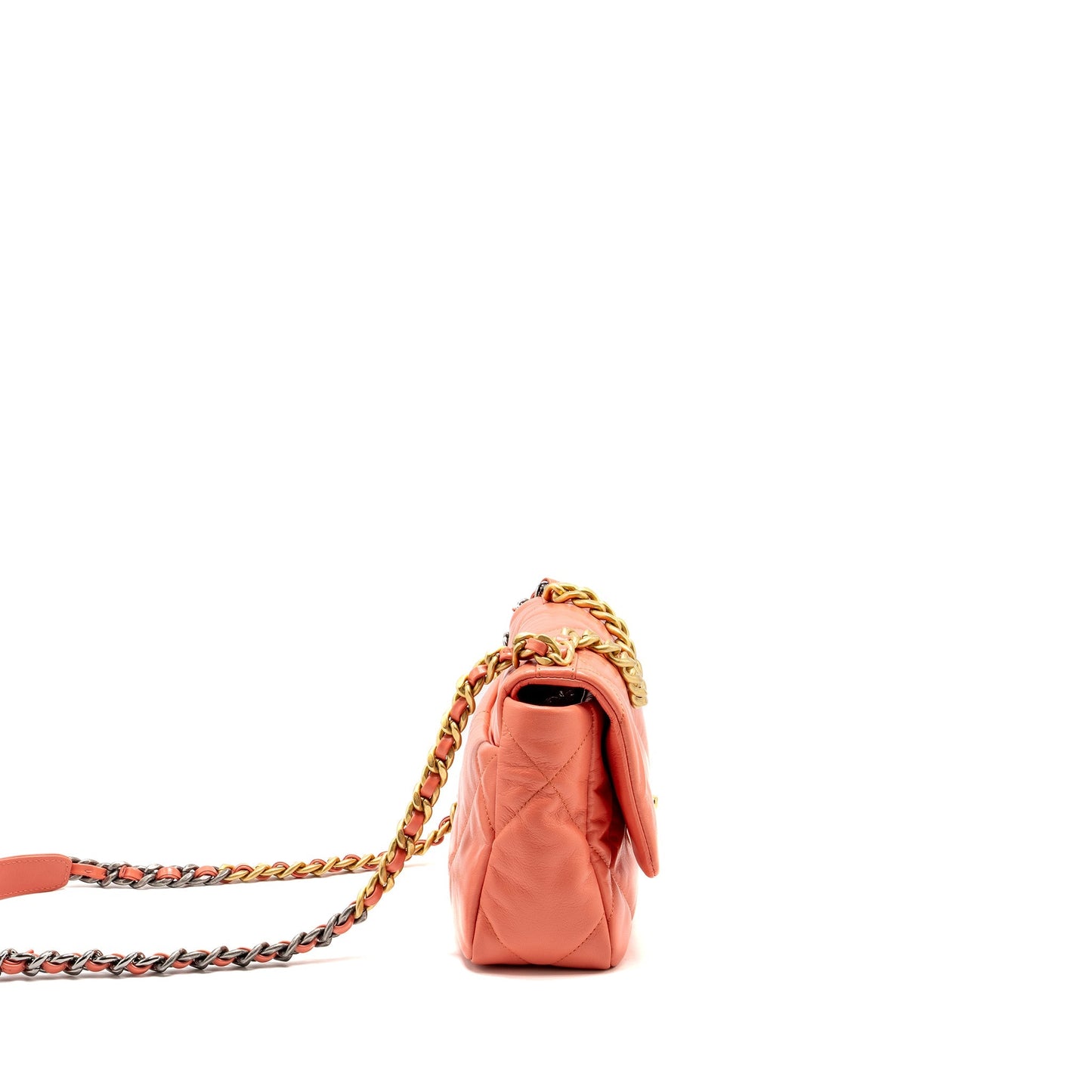 Chanel 19 Shiny Goatskin Coral Hardware Multicolour Pink Small Handbag