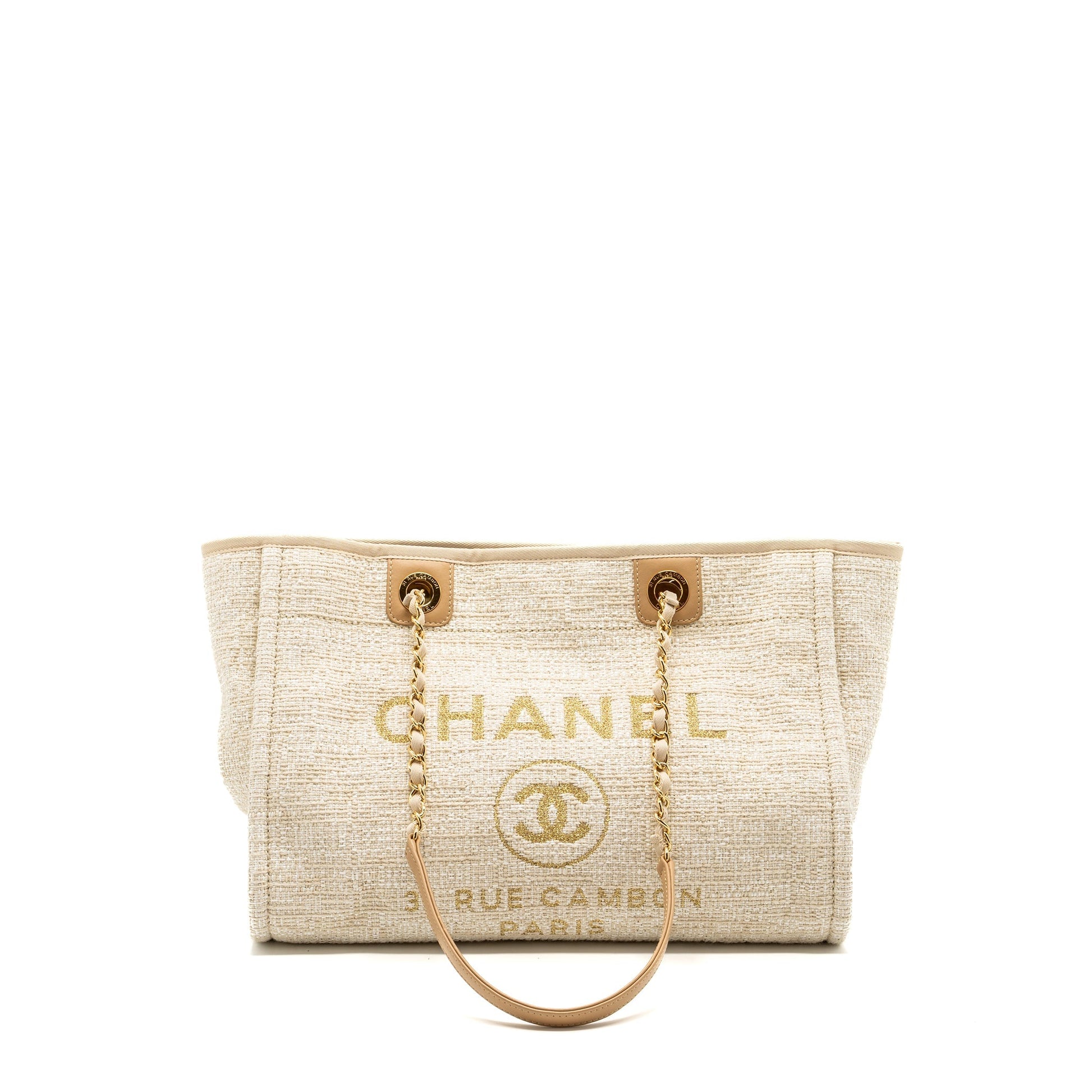 Chanel Deauville Light GHW Gold Beige Canvas Leather Handbag