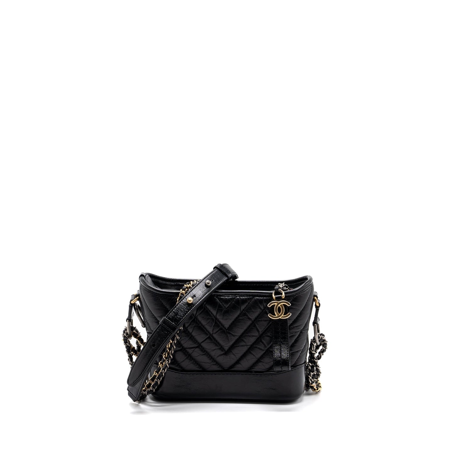 Chanel Gabrielle Hobo Chevron Aged Calfskin Hardware Multicolour Black Small Shoulder Bag