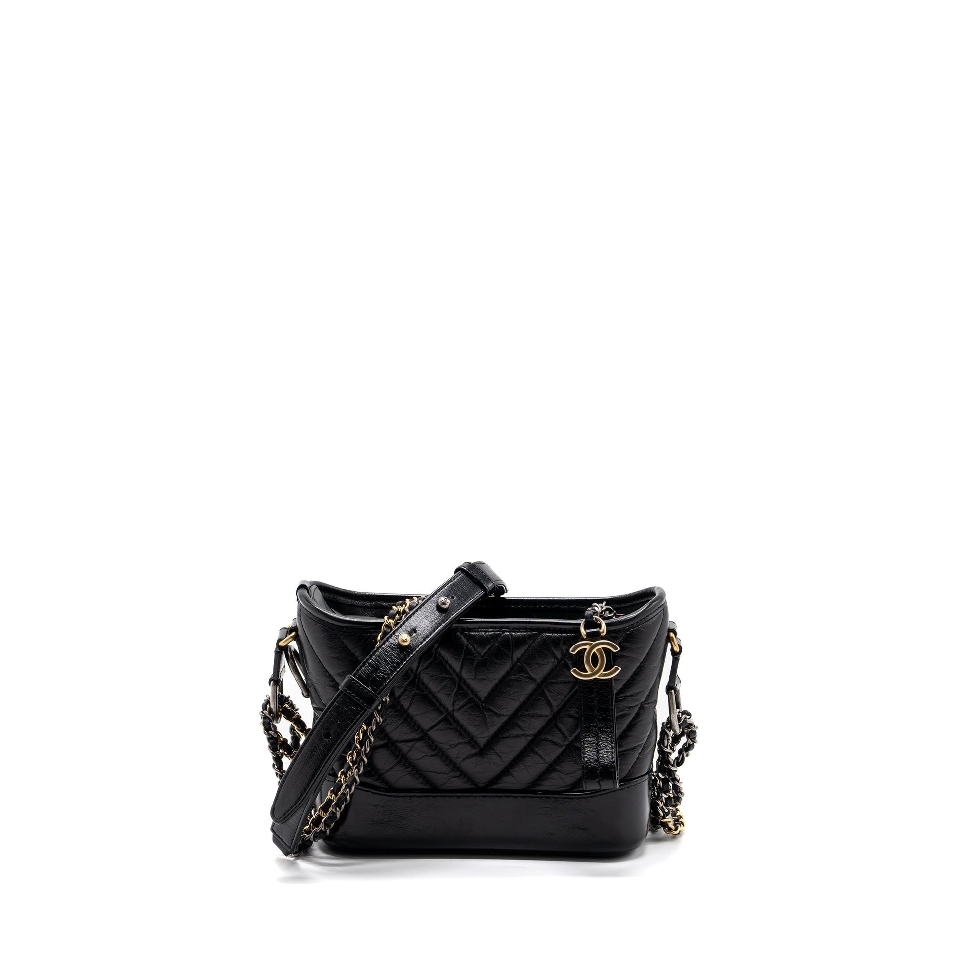 Chanel Gabrielle Hobo Chevron Aged Calfskin Hardware Multicolour Black Small Shoulder Bag