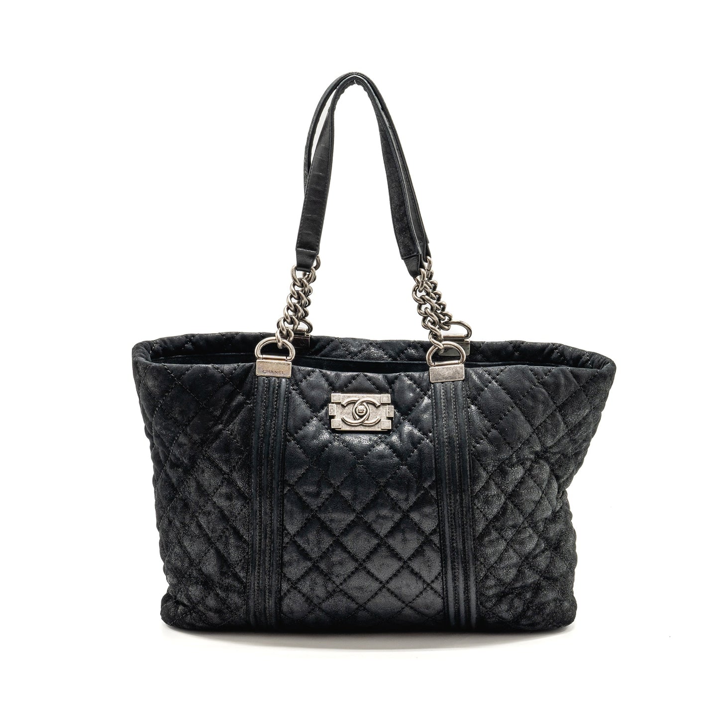 Chanel Boy Shopping Calfskin Iridescent Navy SHW Tote Bag