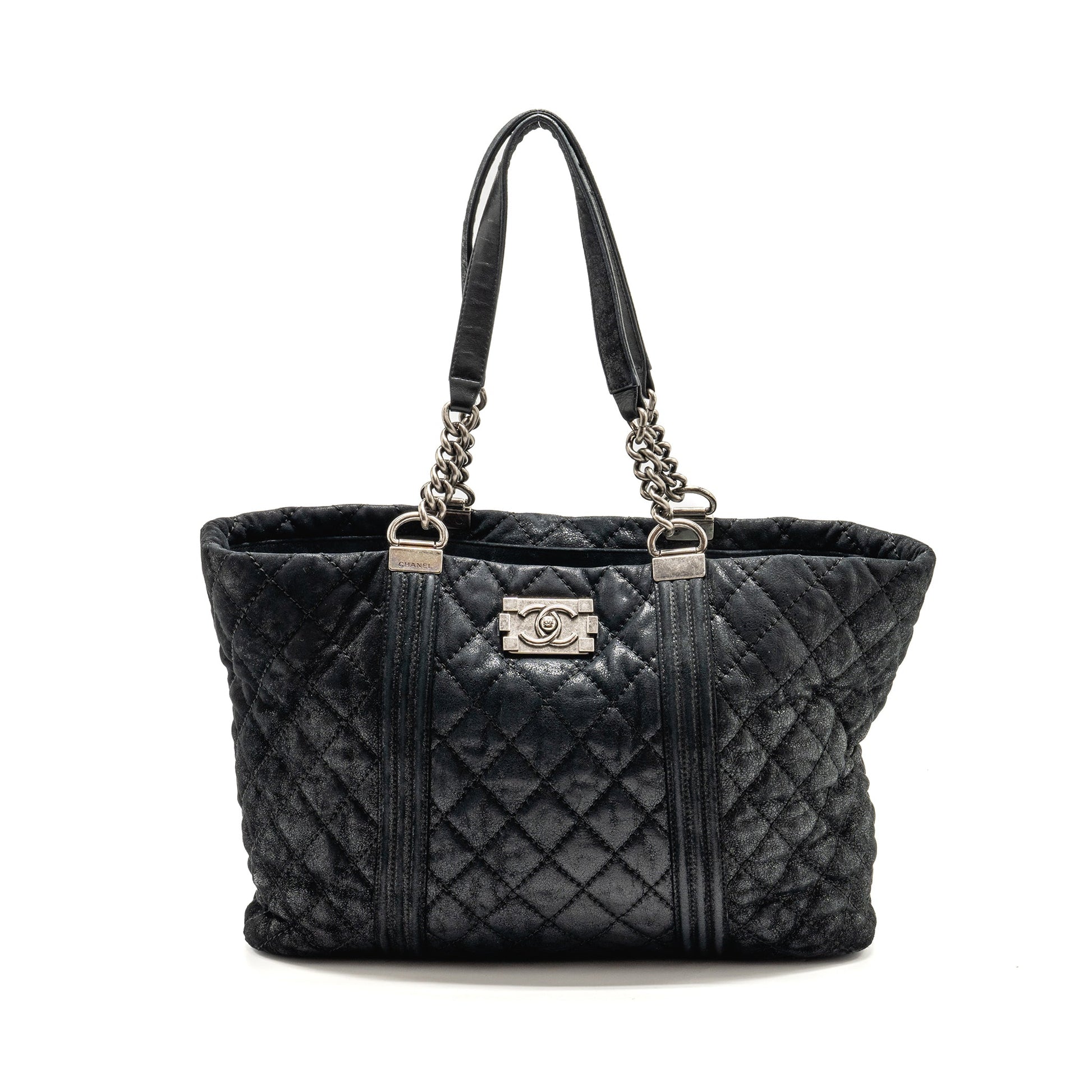 Chanel Boy Shopping Calfskin Iridescent Navy SHW Tote Bag