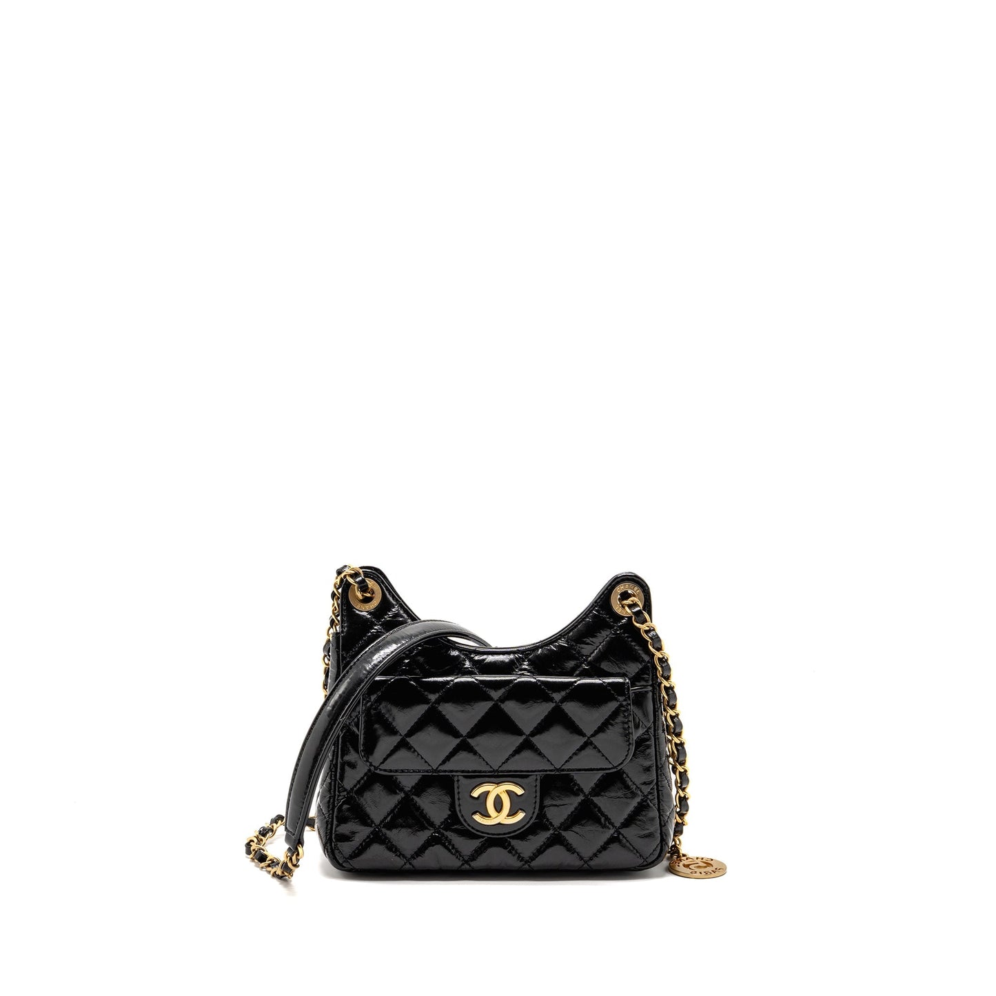 Chanel 23p Hobo Shiny Calfskin Brushed GHW Black Shoulder Bag