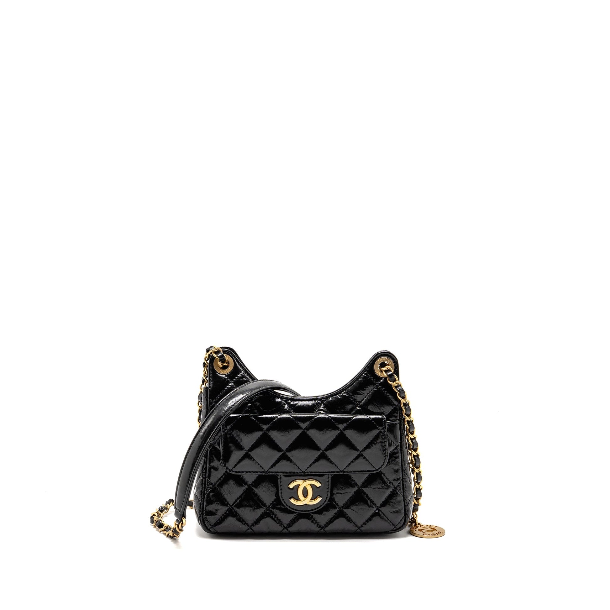 Chanel 23p Hobo Shiny Calfskin Brushed GHW Black Shoulder Bag