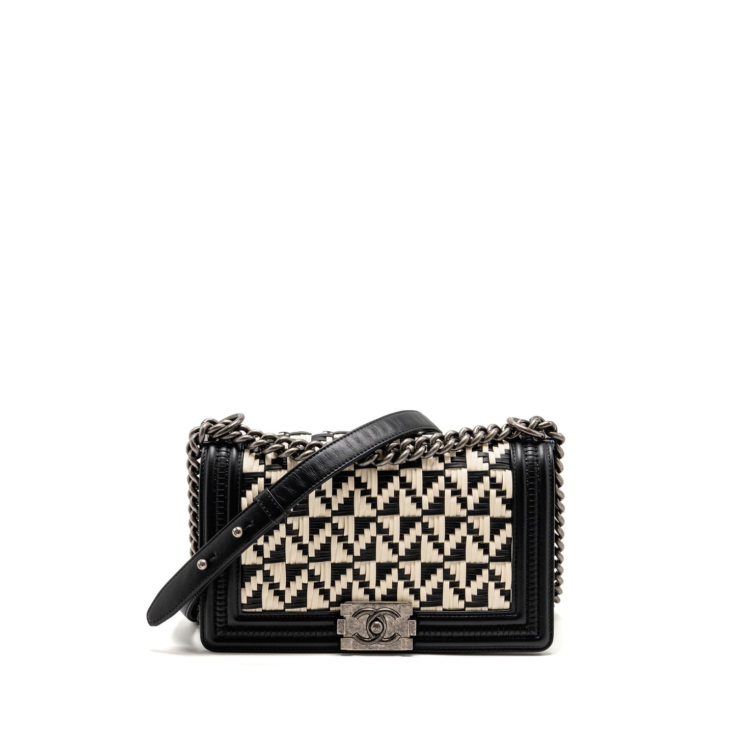 Chanel Boy Woven Ruthenium Hardware Black White Handbag