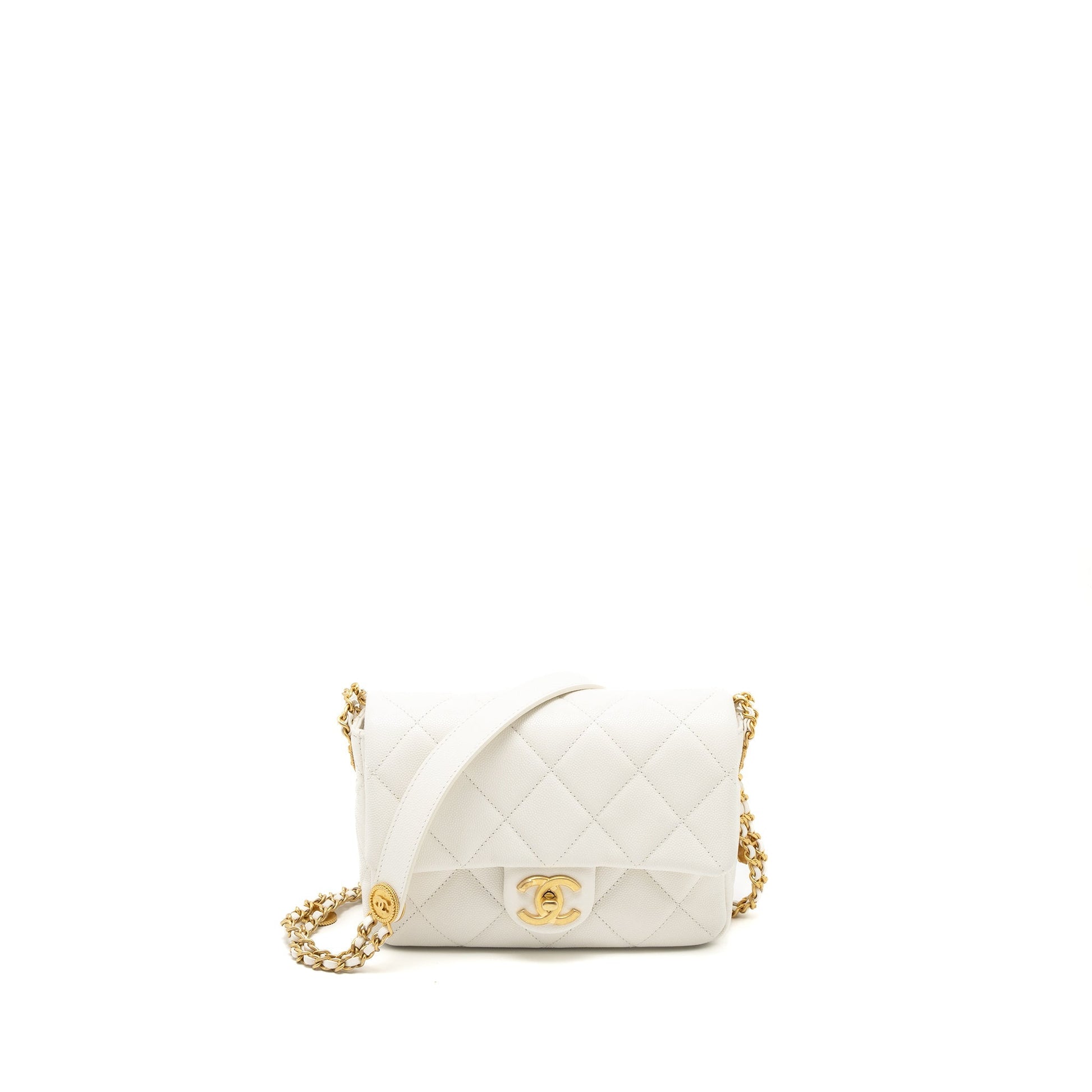 Chanel 22A Flap Button on Caviar Brushed White Small Shoulder Bag