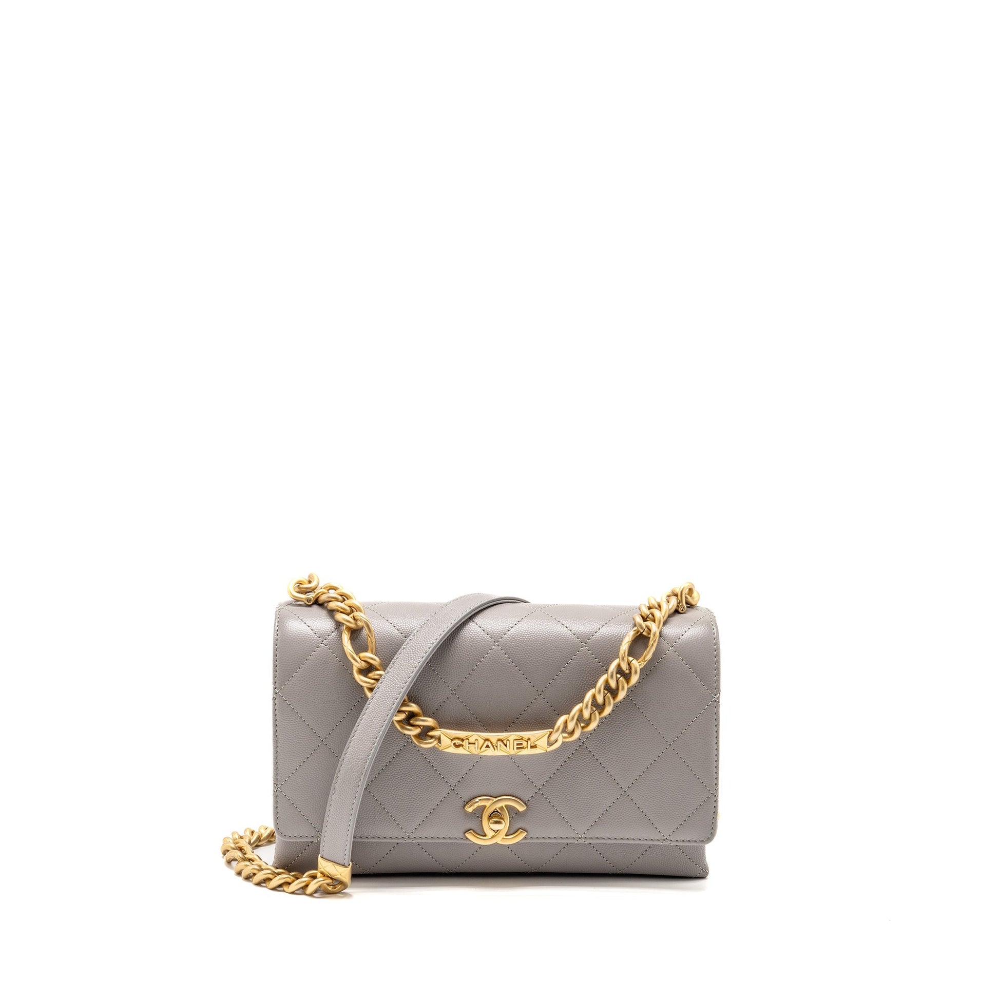 Chanel Quilted Flap Handle Caviar GHW Microchip Grey Shoulder Bag Ghw Microchip
