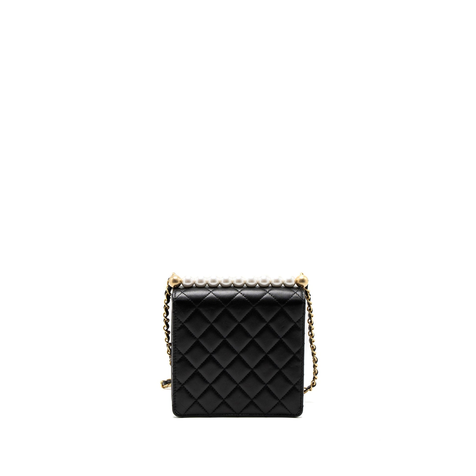 Chanel Square Pearl Flap Lambskin Brushed GHW Black Shoulder Bag