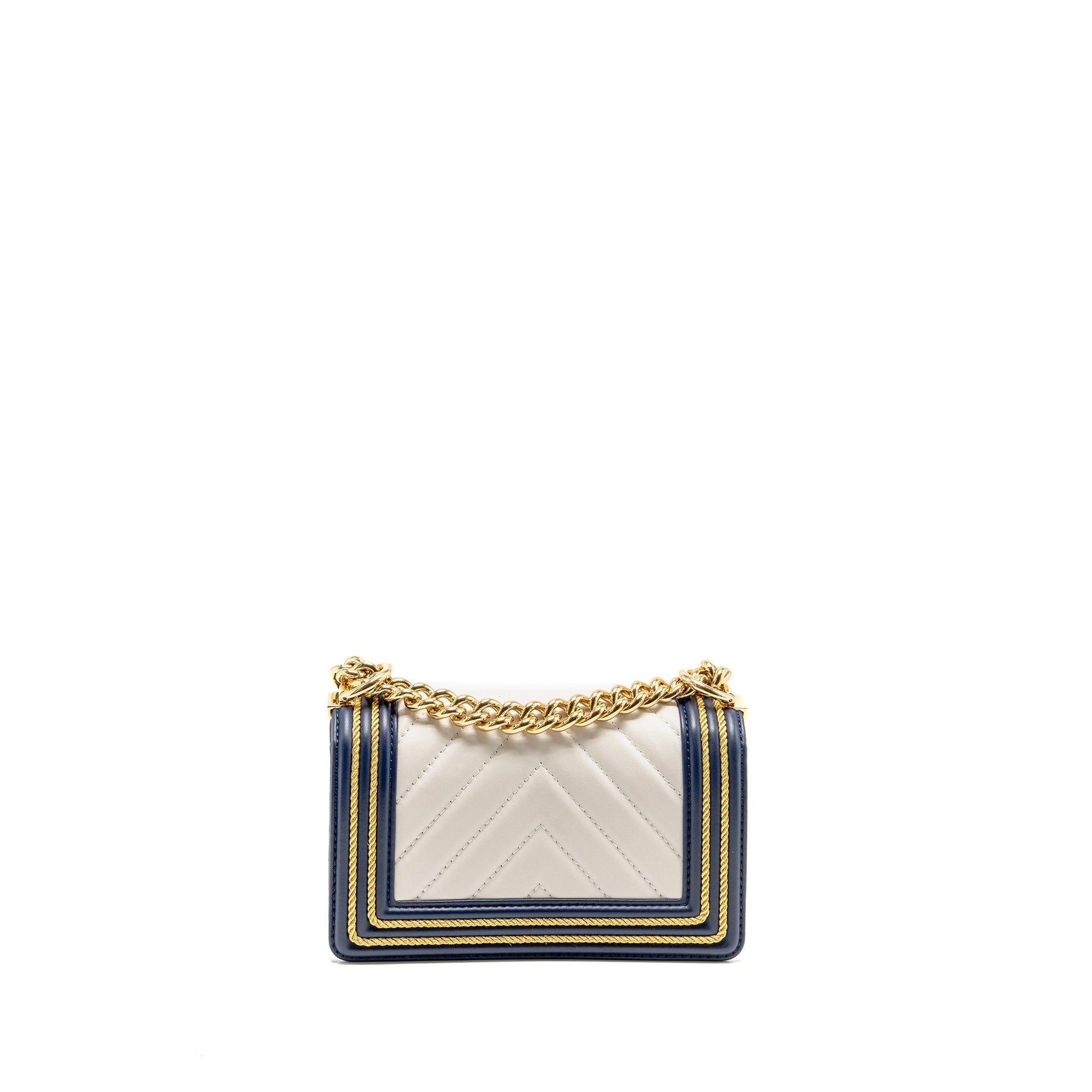 Chanel Chevron Boy Calfskin Navy GHW White Small Handbag