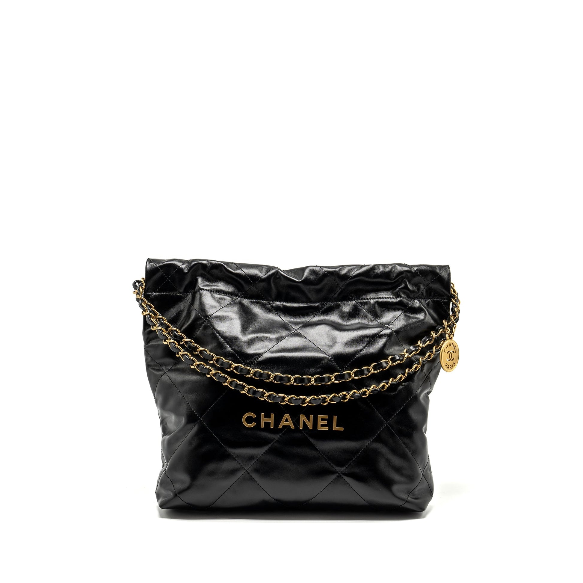 Chanel 22 Shiny Calfskin GHW Microchip Black Small Handbag
