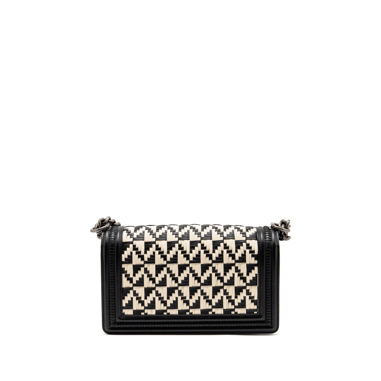 Chanel Boy Woven Ruthenium Hardware Black White Handbag
