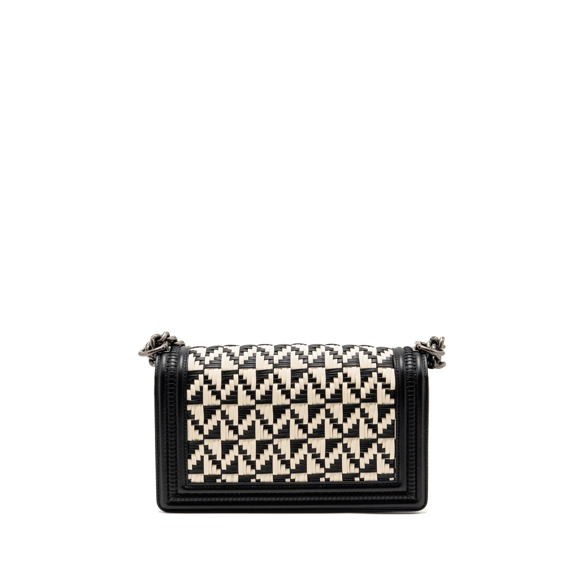 Chanel Boy Woven Ruthenium Hardware Black White Handbag