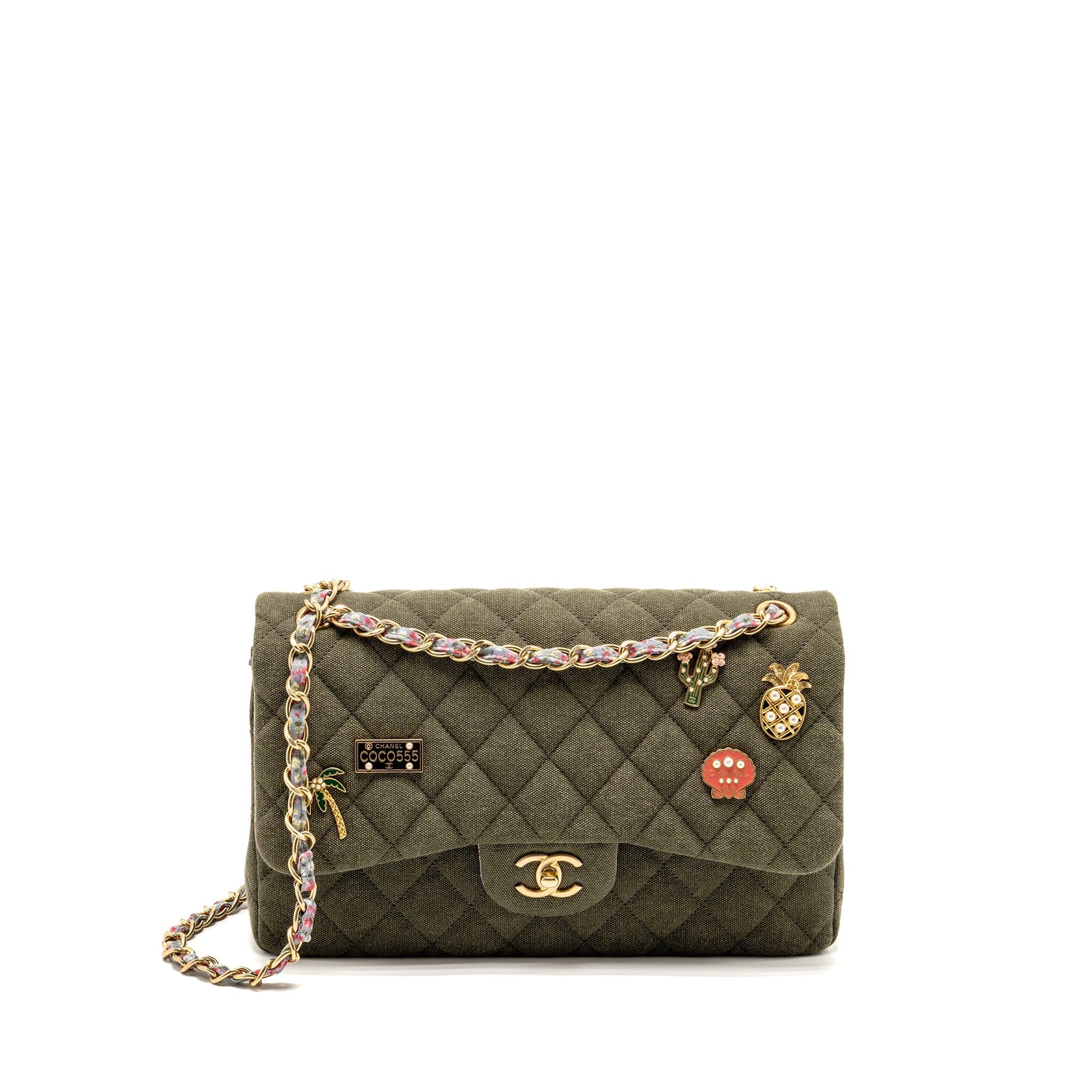 Chanel Coco Cuba Charms Jumbo Classic Double Green Canvas Key Chain